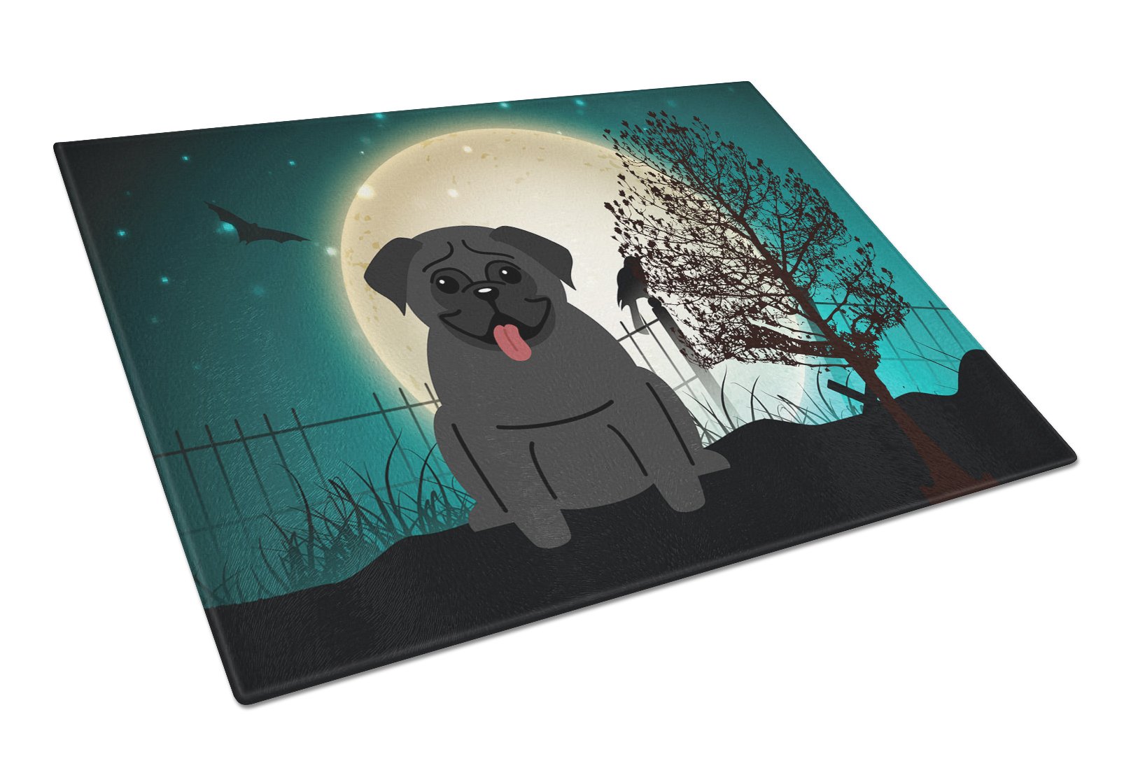 Halloween Scary Pug Black Cutting Board Tempered Glass Kitchen Cutting Surface, Heat Resistant Chopping, Non-Slip Feet, Food Prep & Serving