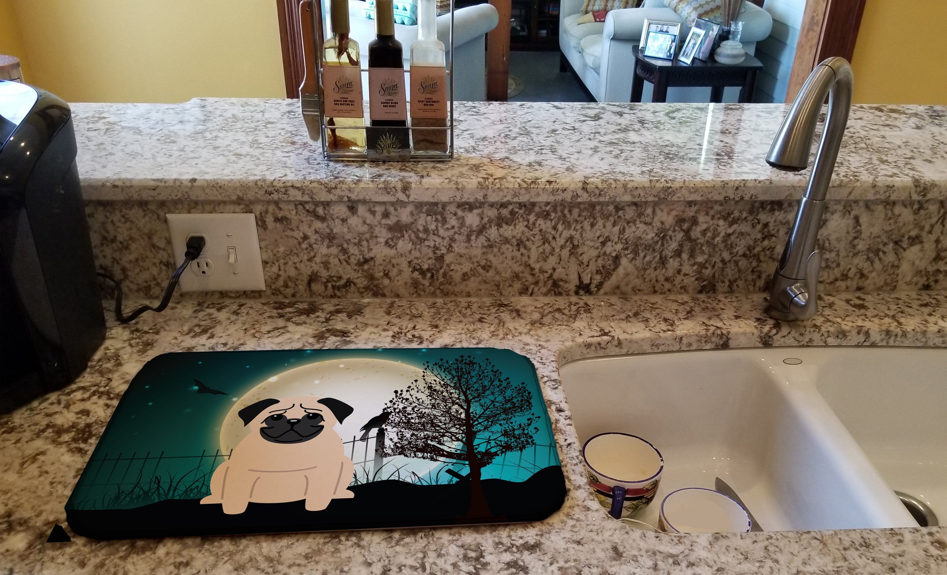 Halloween Scary Pug Fawn Dish Drying Mat Absorbent Dish Drying Mat Pad for Kitchen Counter Dish Drainer Mat for Countertop, 14 x 21", Multicolor