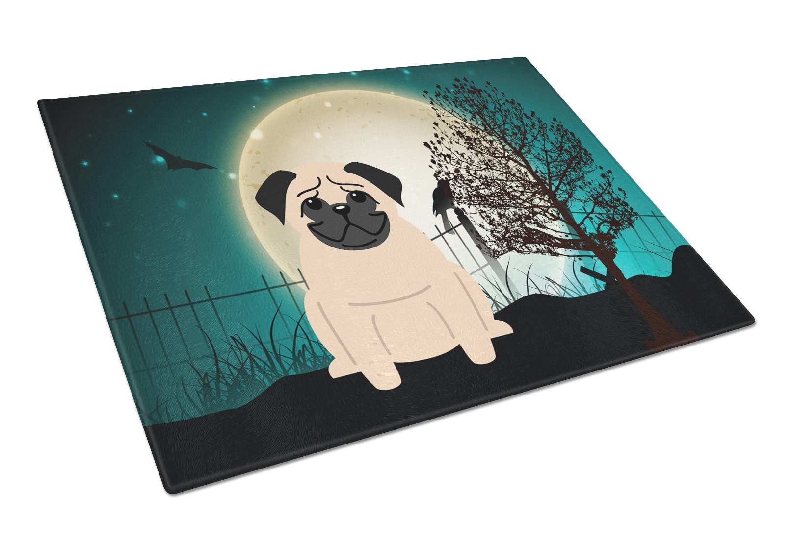 Halloween Scary Pug Fawn Cutting Board Tempered Glass Kitchen Cutting Surface, Heat Resistant Chopping, Non-Slip Feet, Food Prep & Serving