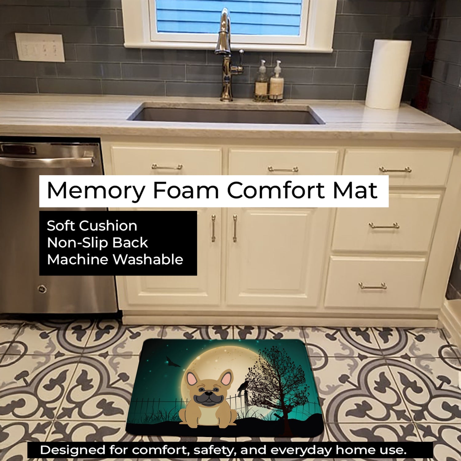 Halloween Scary French Bulldog Cream Memory Foam Kitchen Mat Machine Washable Anti-Fatigue Cushion Comfort Bath or Kitchen Rug