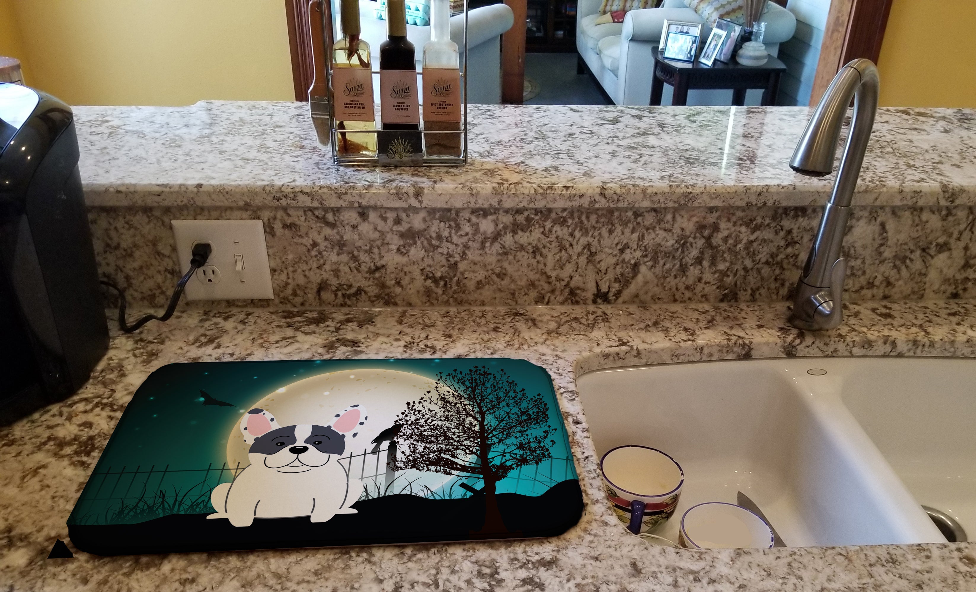 Halloween Scary French Bulldog Piebald Dish Drying Mat Absorbent Dish Drying Mat Pad for Kitchen Counter Dish Drainer Mat for Countertop, 14 x 21", Multicolor
