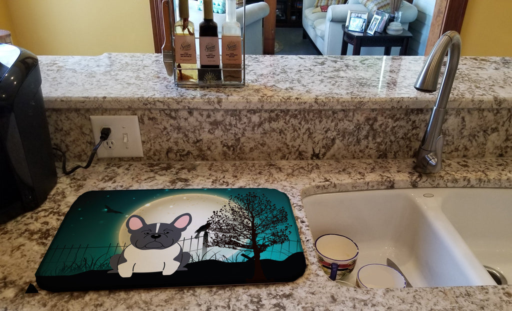Halloween Scary French Bulldog Black White Dish Drying Mat Absorbent Dish Drying Mat Pad for Kitchen Counter Dish Drainer Mat for Countertop, 14 x 21", Multicolor