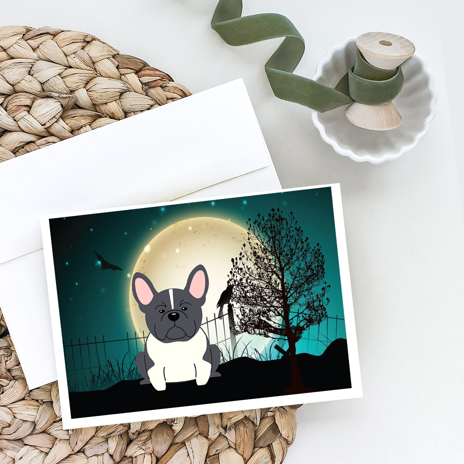 Halloween Scary French Bulldog Black White Greeting Cards Pack of 8 Blank Cards with Envelopes Whimsical A7 Size 5x7
