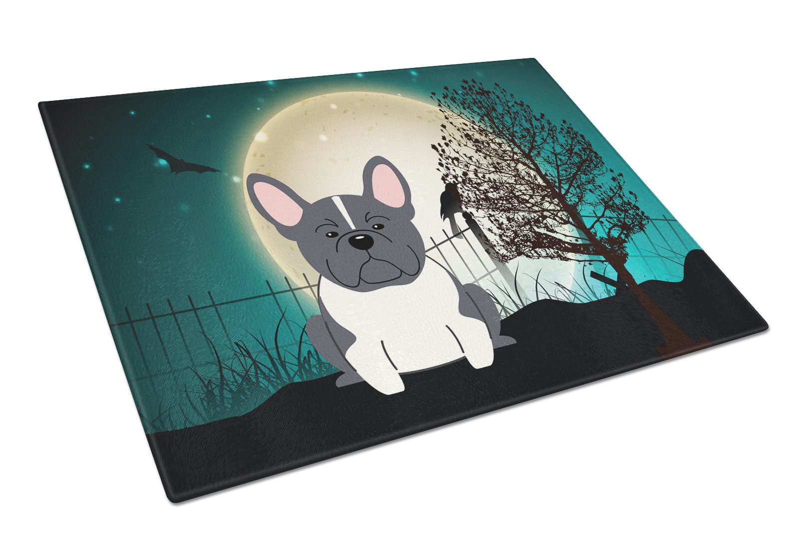Halloween Scary French Bulldog Black White Cutting Board Tempered Glass Kitchen Cutting Surface, Heat Resistant Chopping, Non-Slip Feet, Food Prep & Serving