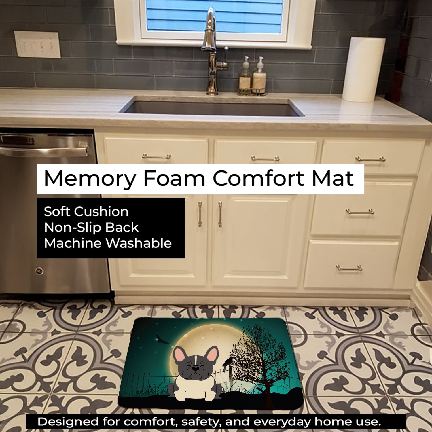Halloween Scary French Bulldog Black White Memory Foam Kitchen Mat Machine Washable Anti-Fatigue Cushion Comfort Bath or Kitchen Rug