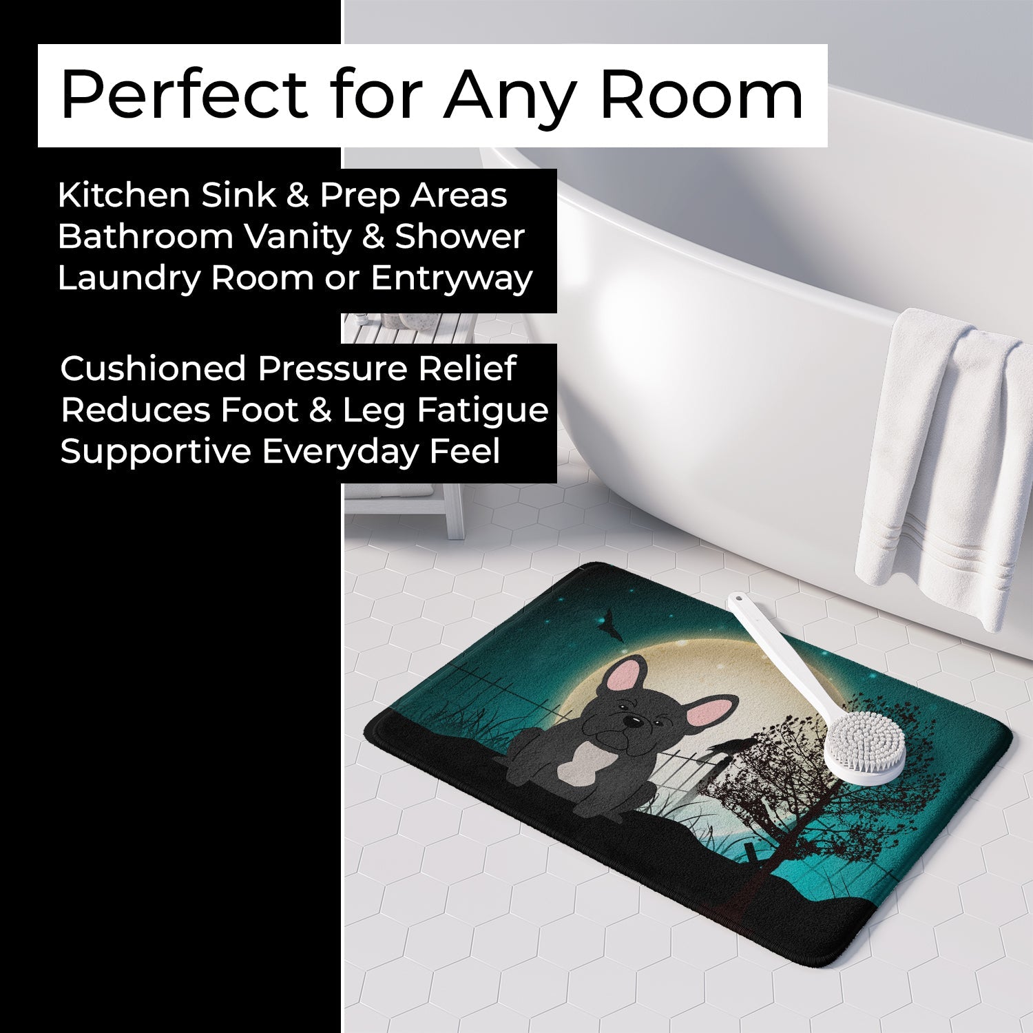 Halloween Scary French Bulldog Black Memory Foam Kitchen Mat Machine Washable Anti-Fatigue Cushion Comfort Bath or Kitchen Rug