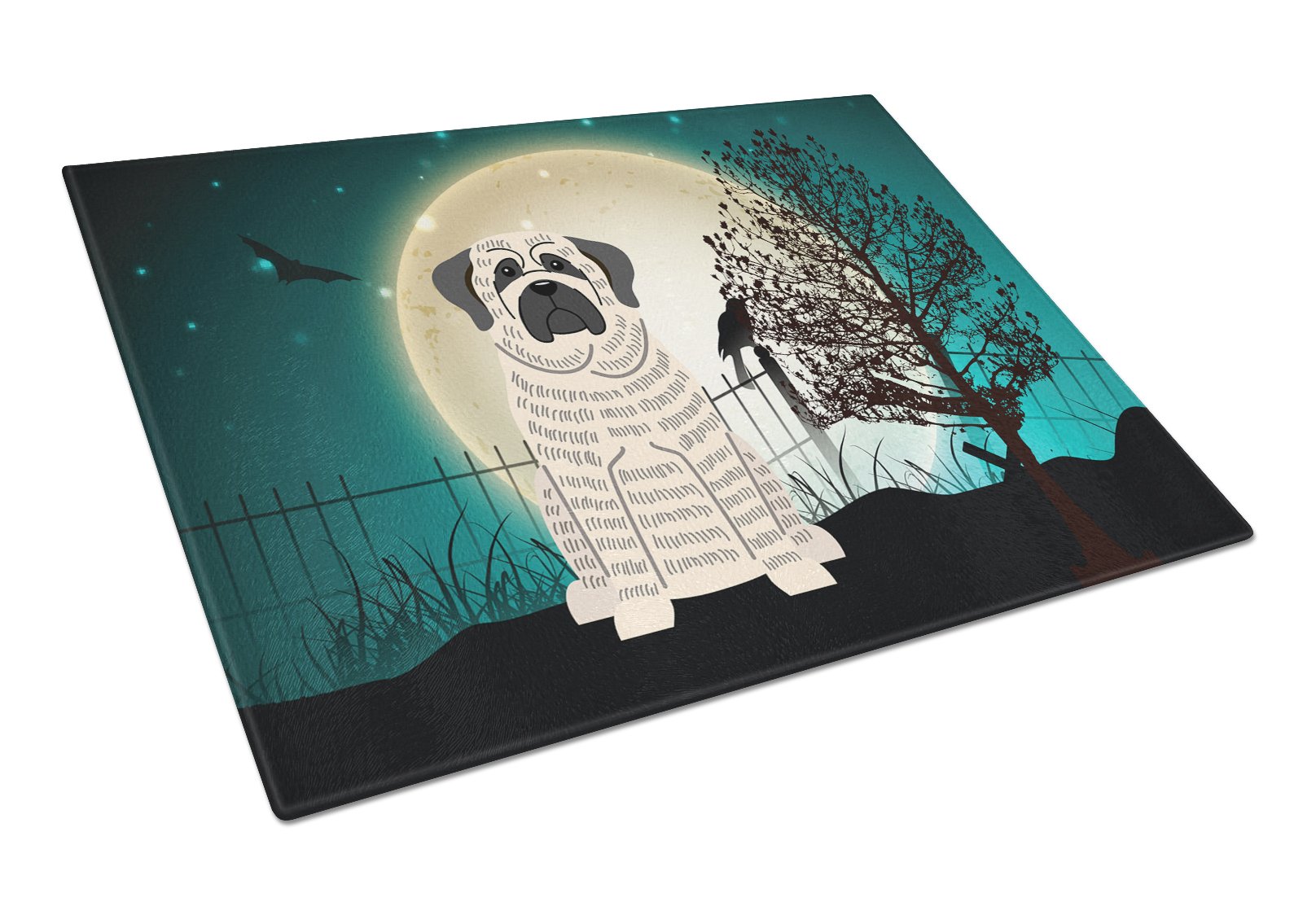 Halloween Scary Mastiff Brindle White Cutting Board Tempered Glass Kitchen Cutting Surface, Heat Resistant Chopping, Non-Slip Feet, Food Prep & Serving