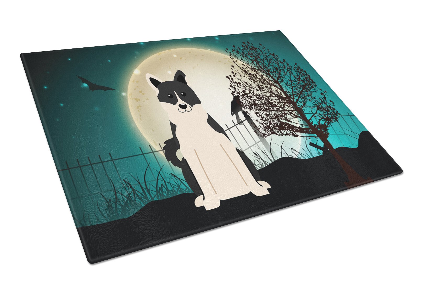Halloween Scary Russo-European Laika Spitz Cutting Board Tempered Glass Kitchen Cutting Surface, Heat Resistant Chopping, Non-Slip Feet, Food Prep & Serving