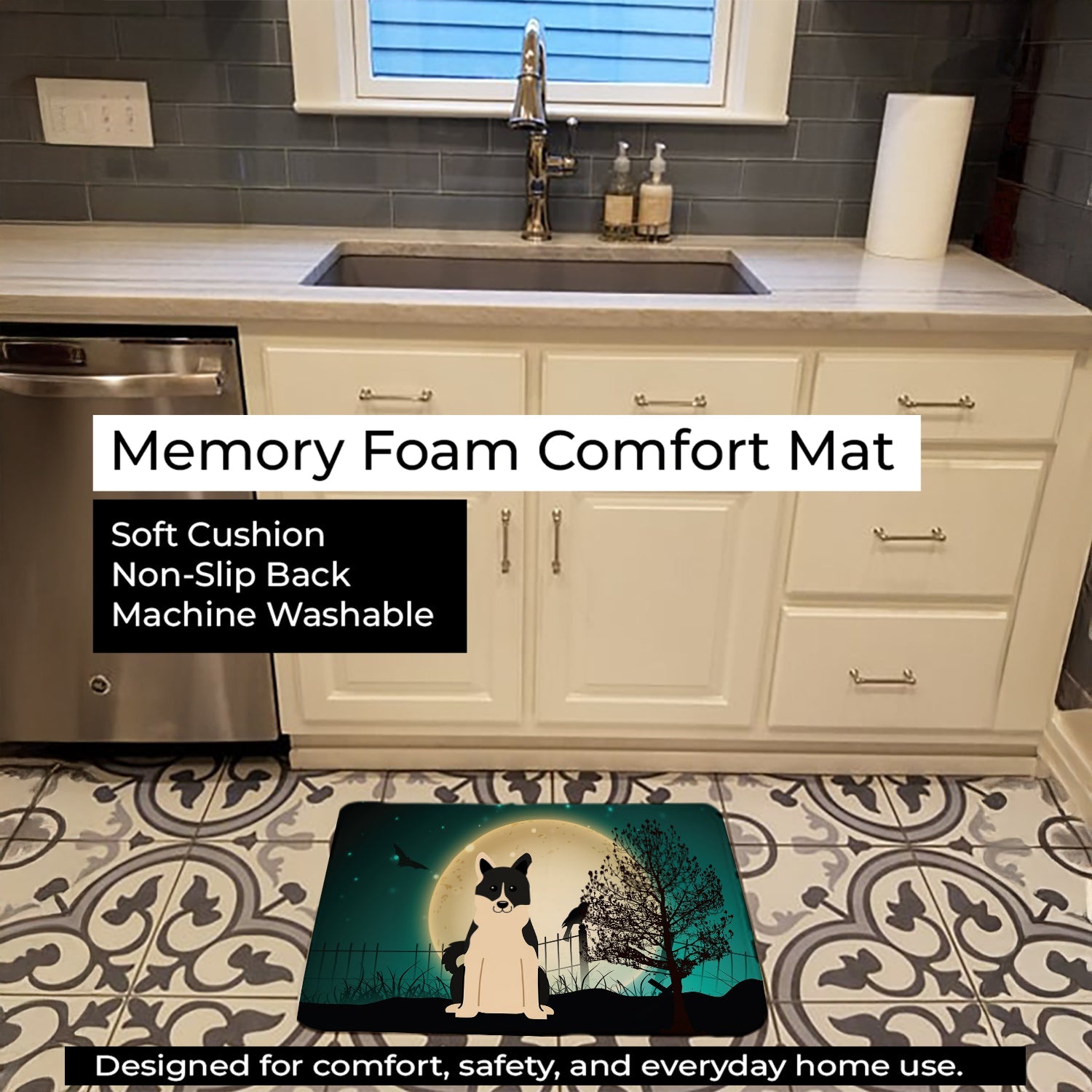 Halloween Scary Russo-European Laika Spitz Memory Foam Kitchen Mat Machine Washable Anti-Fatigue Cushion Comfort Bath or Kitchen Rug