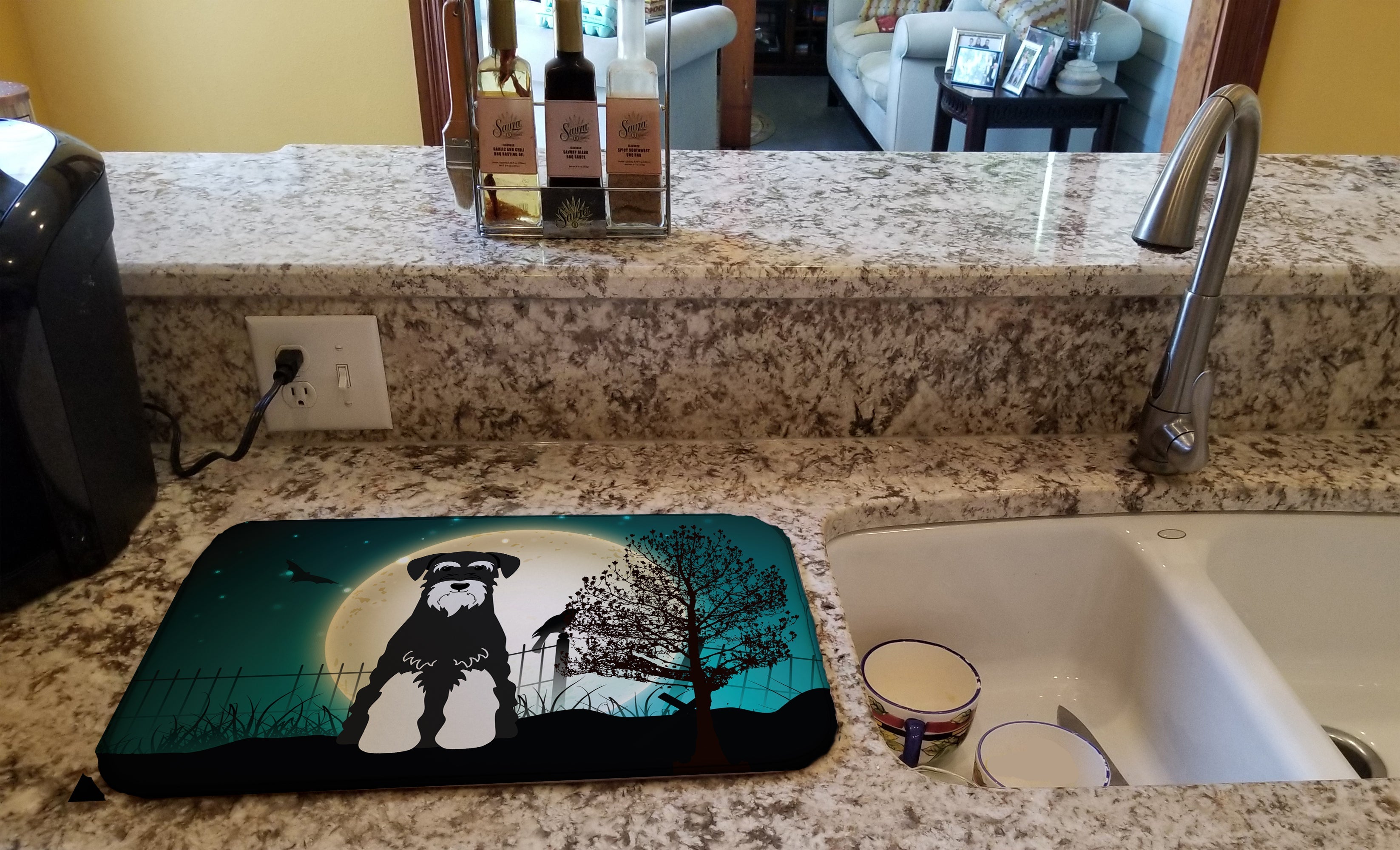 Halloween Scary Standard Schnauzer Salt and Pepper Dish Drying Mat Absorbent Dish Drying Mat Pad for Kitchen Counter Dish Drainer Mat for Countertop, 14 x 21", Multicolor