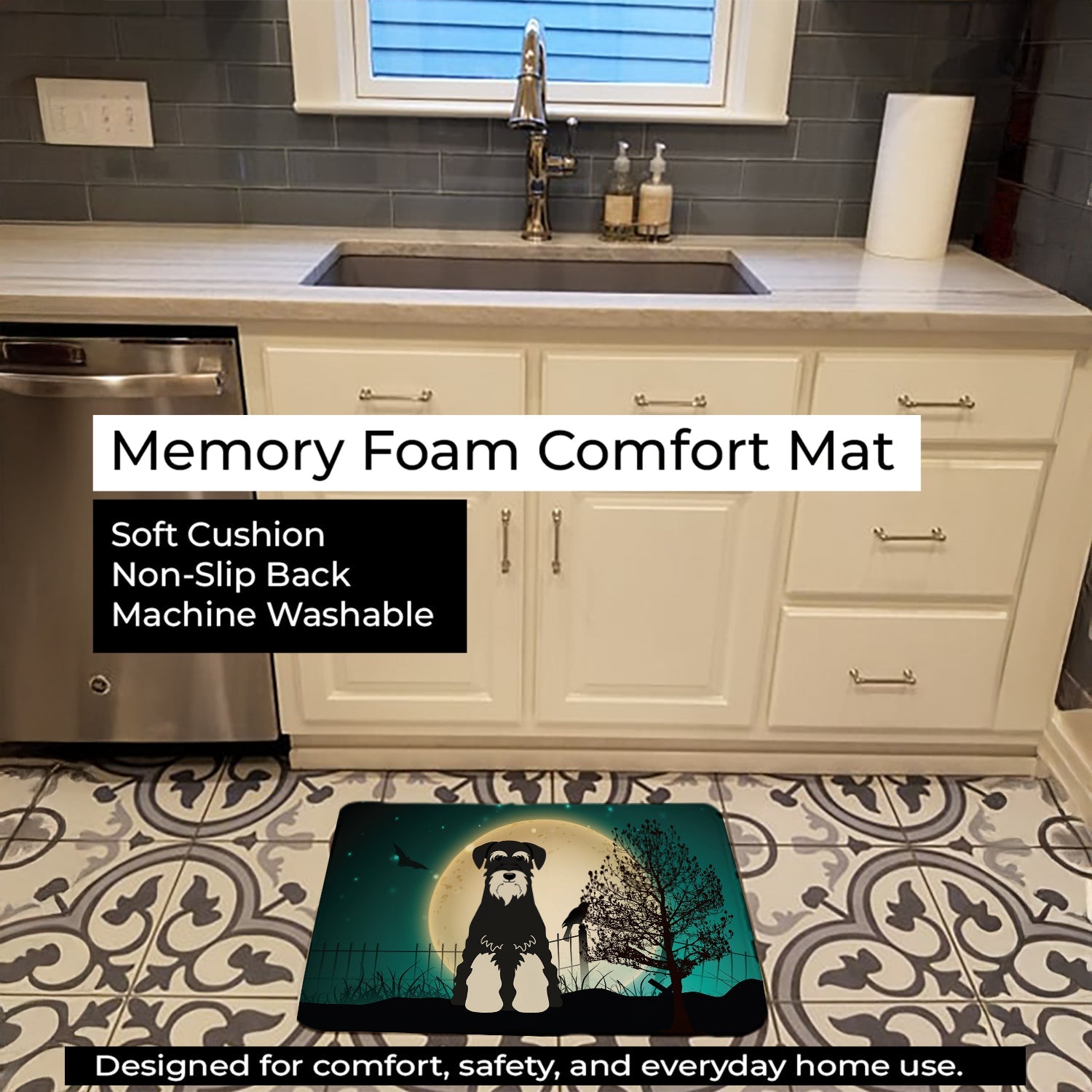 Halloween Scary Standard Schnauzer Salt and Pepper Memory Foam Kitchen Mat Machine Washable Anti-Fatigue Cushion Comfort Bath or Kitchen Rug