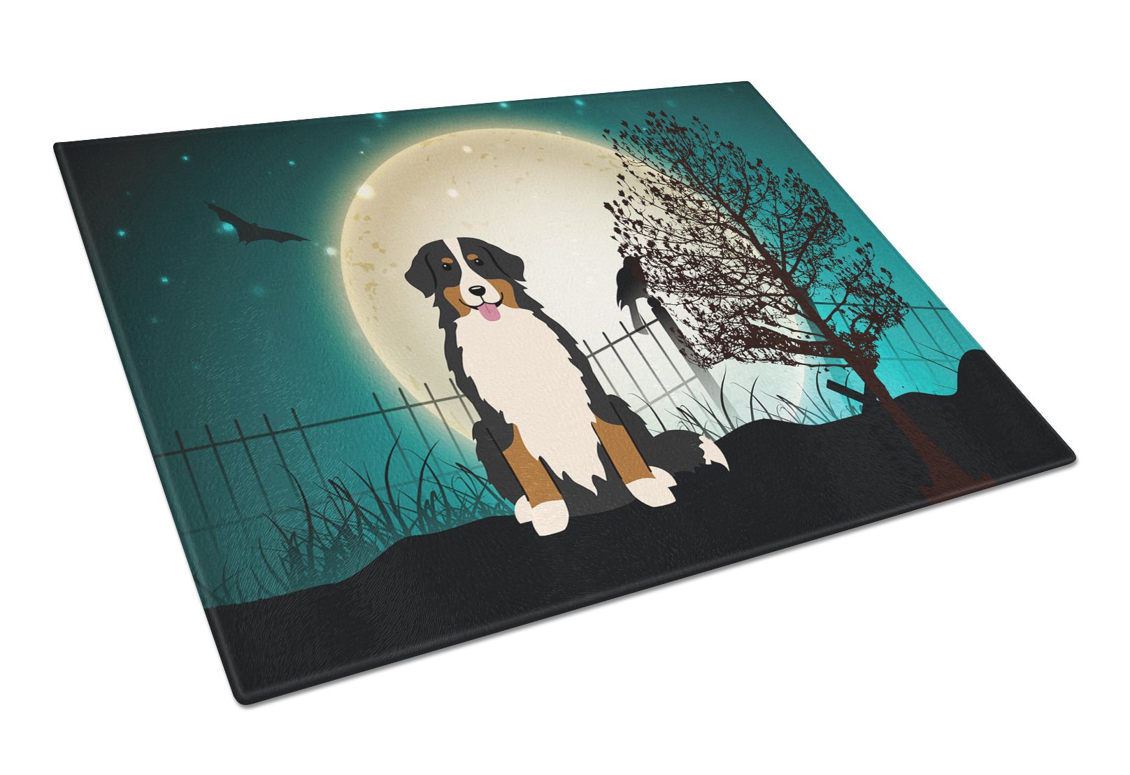 Halloween Scary Bernese Mountain Dog Cutting Board Tempered Glass Kitchen Cutting Surface, Heat Resistant Chopping, Non-Slip Feet, Food Prep & Serving