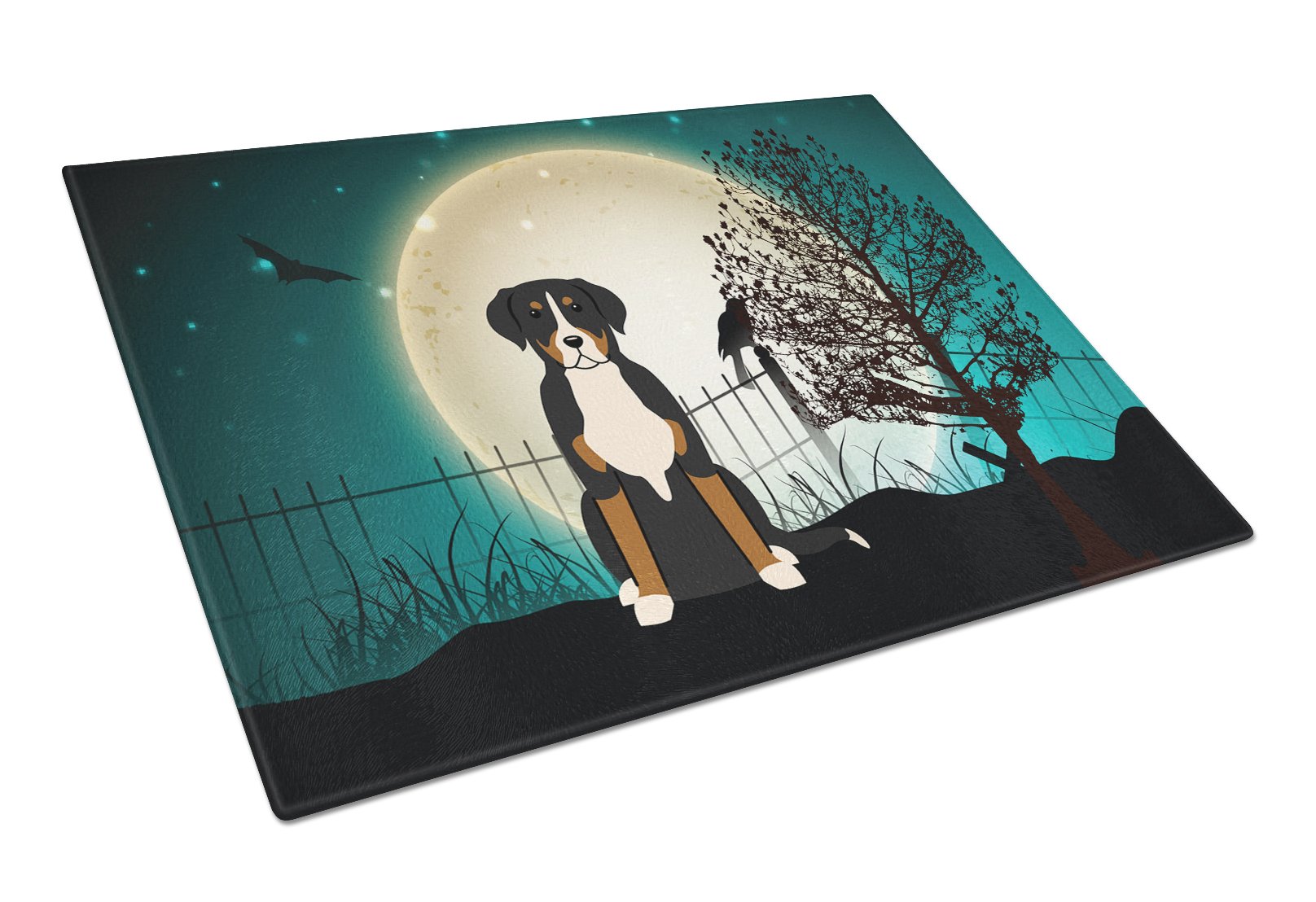 Halloween Scary Greater Swiss Mountain Dog Cutting Board Tempered Glass Kitchen Cutting Surface, Heat Resistant Chopping, Non-Slip Feet, Food Prep & Serving