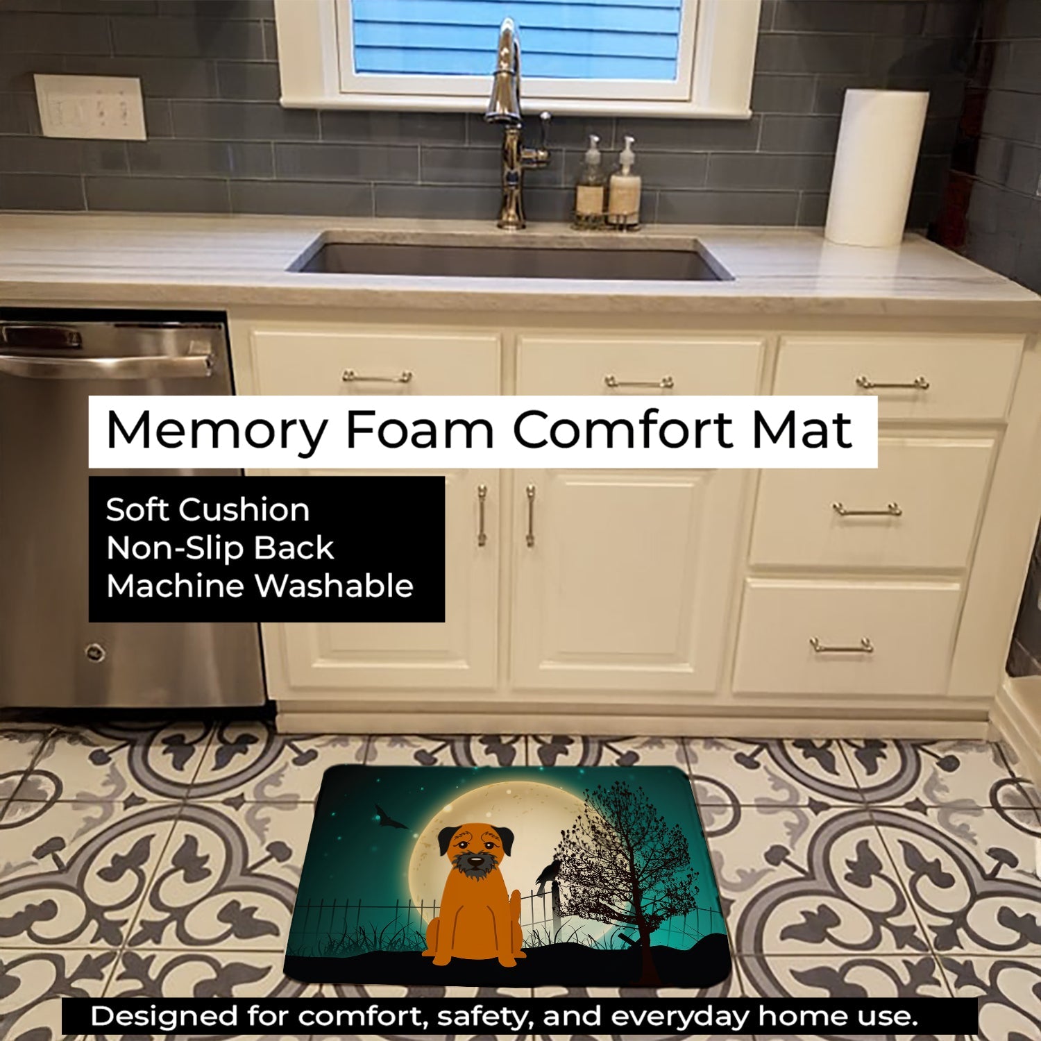 Halloween Scary Border Terrier Memory Foam Kitchen Mat Machine Washable Anti-Fatigue Cushion Comfort Bath or Kitchen Rug