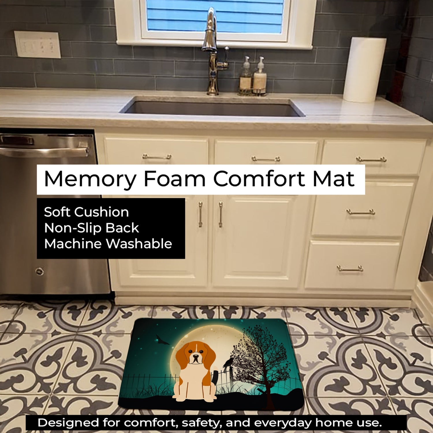 Halloween Scary Beagle Tricolor Memory Foam Kitchen Mat Machine Washable Anti-Fatigue Cushion Comfort Bath or Kitchen Rug
