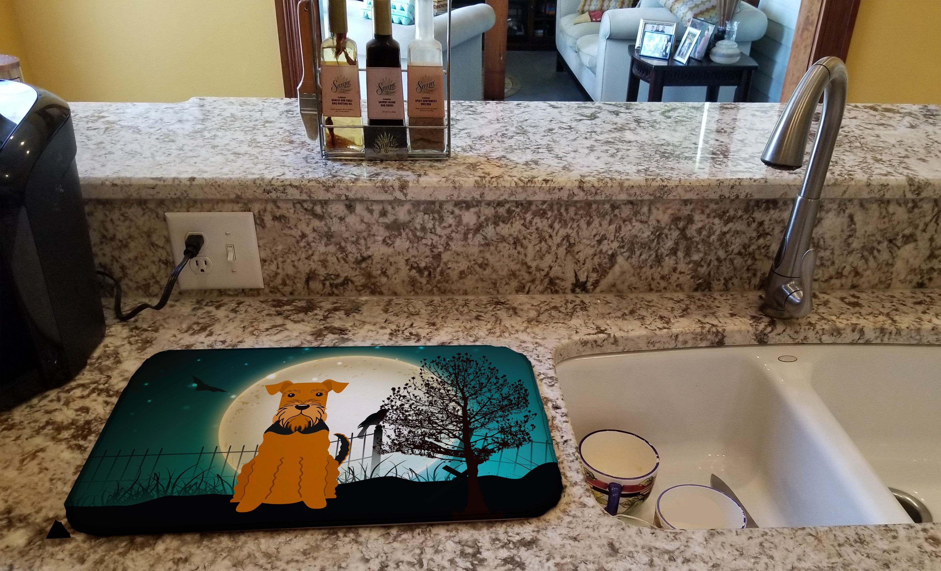 Halloween Scary Airedale Dish Drying Mat Absorbent Dish Drying Mat Pad for Kitchen Counter Dish Drainer Mat for Countertop, 14 x 21", Multicolor