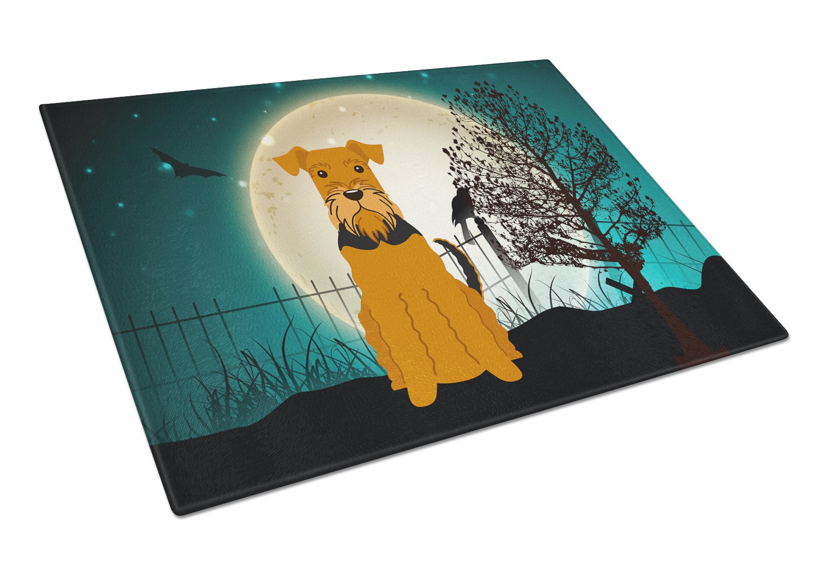 Halloween Scary Airedale Cutting Board Tempered Glass Kitchen Cutting Surface, Heat Resistant Chopping, Non-Slip Feet, Food Prep & Serving