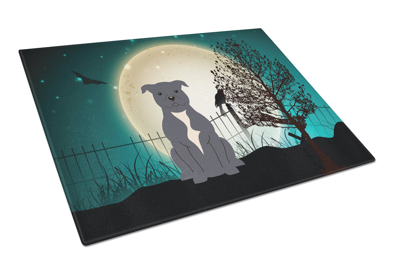 Halloween Scary Staffordshire Bull Terrier Blue Cutting Board Tempered Glass Kitchen Cutting Surface, Heat Resistant Chopping, Non-Slip Feet, Food Prep & Serving