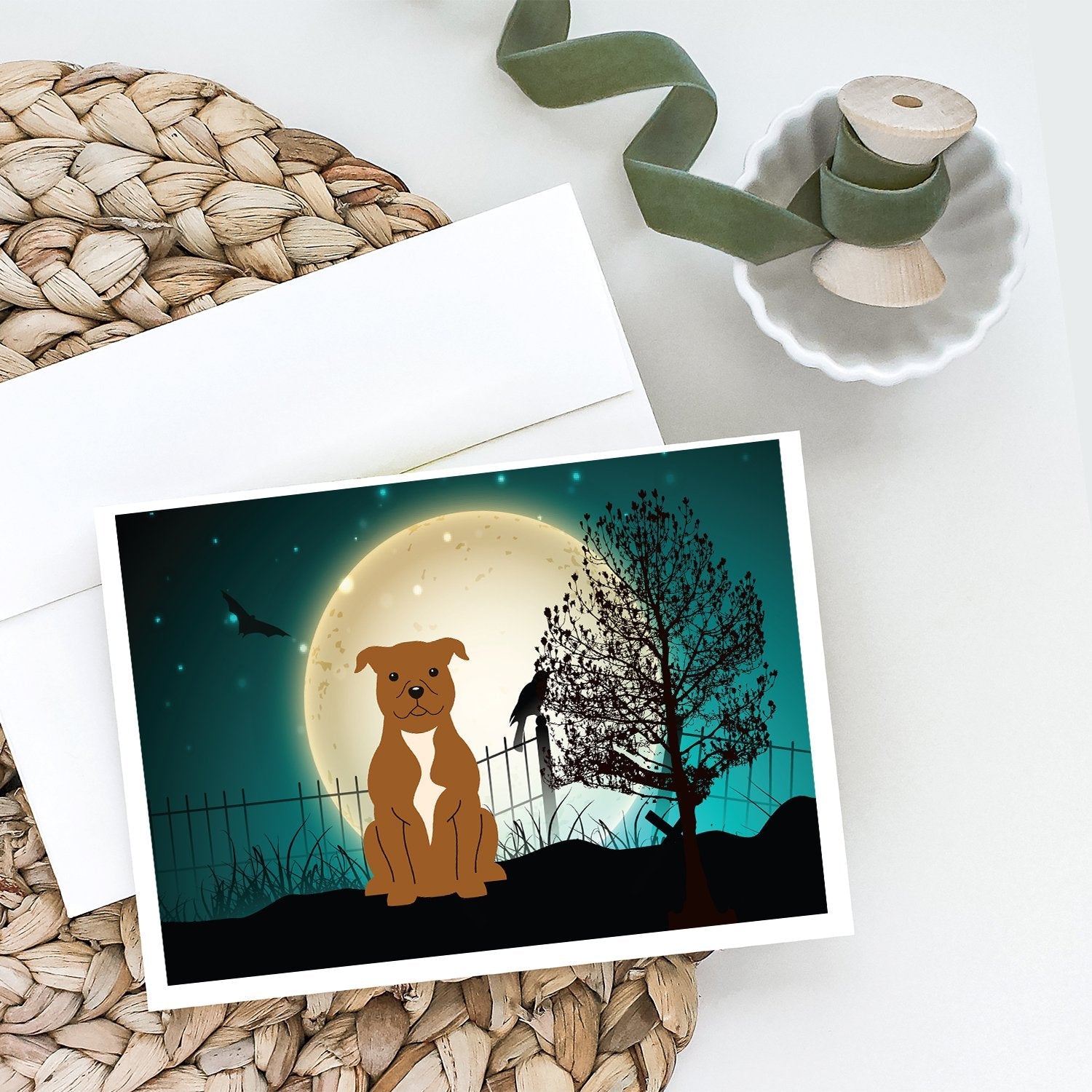 Halloween Scary Staffordshire Bull Terrier Brown Greeting Cards Pack of 8 Blank Cards with Envelopes Whimsical A7 Size 5x7