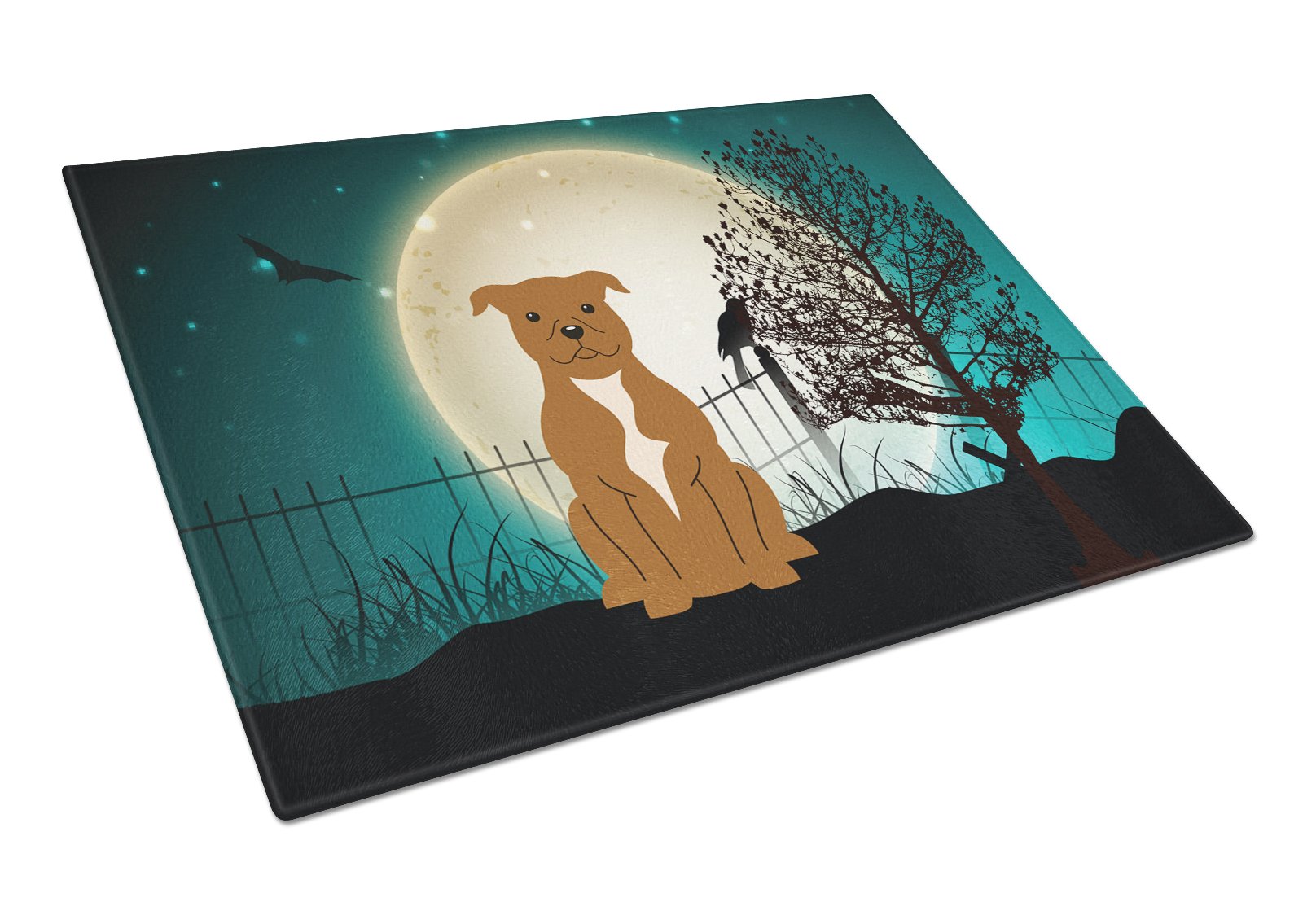 Halloween Scary Staffordshire Bull Terrier Brown Cutting Board Tempered Glass Kitchen Cutting Surface, Heat Resistant Chopping, Non-Slip Feet, Food Prep & Serving