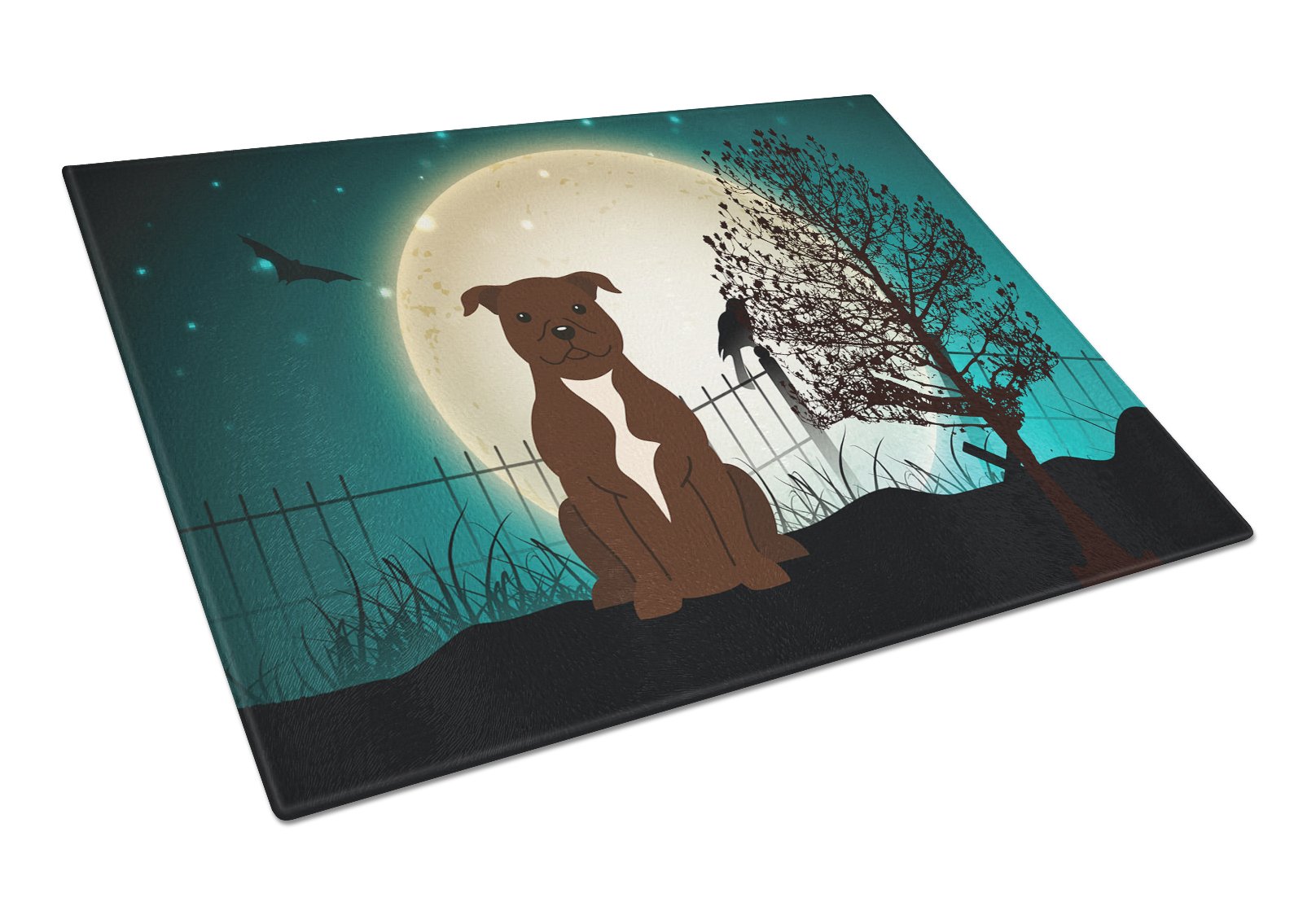 Halloween Scary Staffordshire Bull Terrier Chocolate Cutting Board Tempered Glass Kitchen Cutting Surface, Heat Resistant Chopping, Non-Slip Feet, Food Prep & Serving
