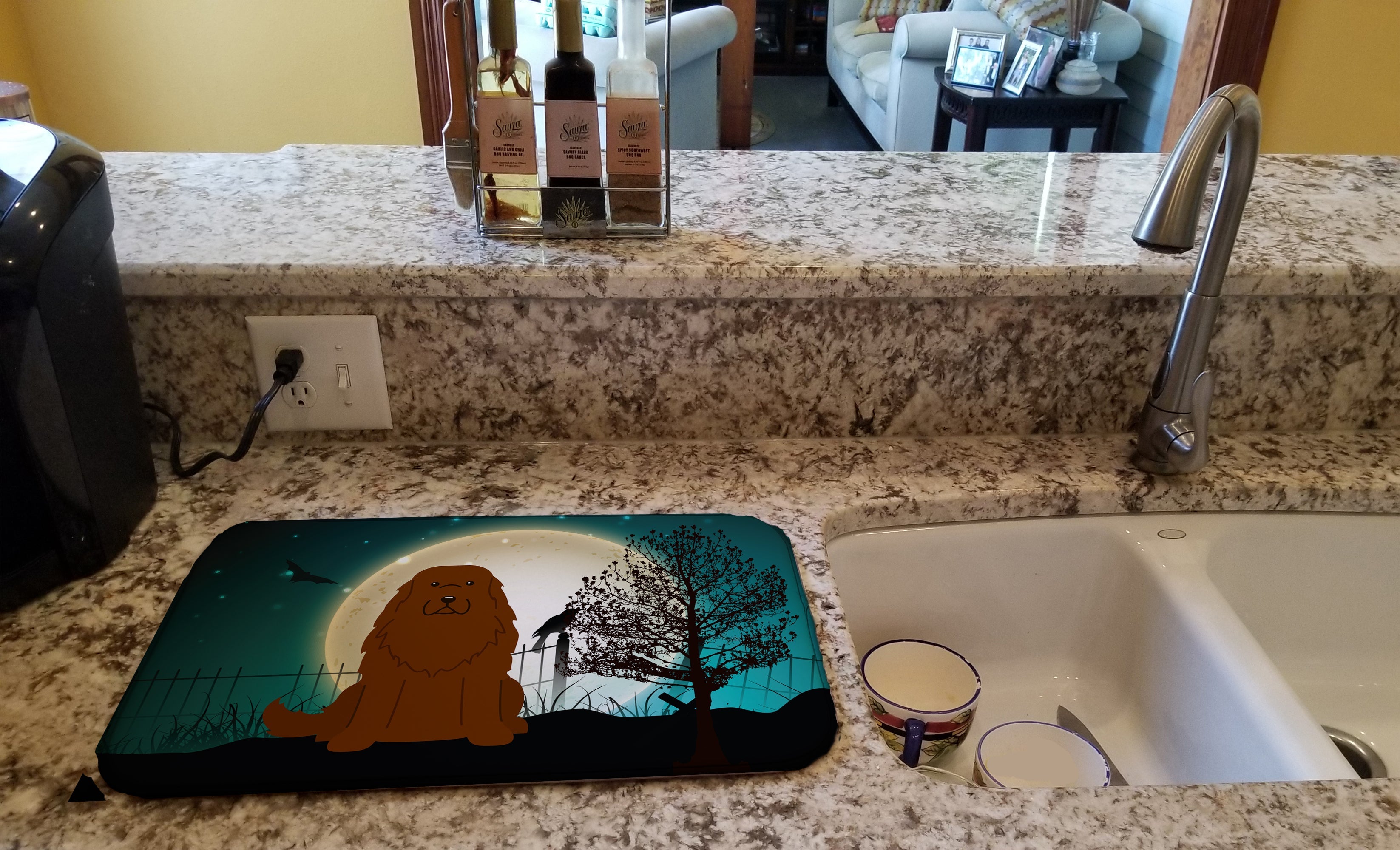 Halloween Scary Caucasian Shepherd Dog Dish Drying Mat Absorbent Dish Drying Mat Pad for Kitchen Counter Dish Drainer Mat for Countertop, 14 x 21", Multicolor
