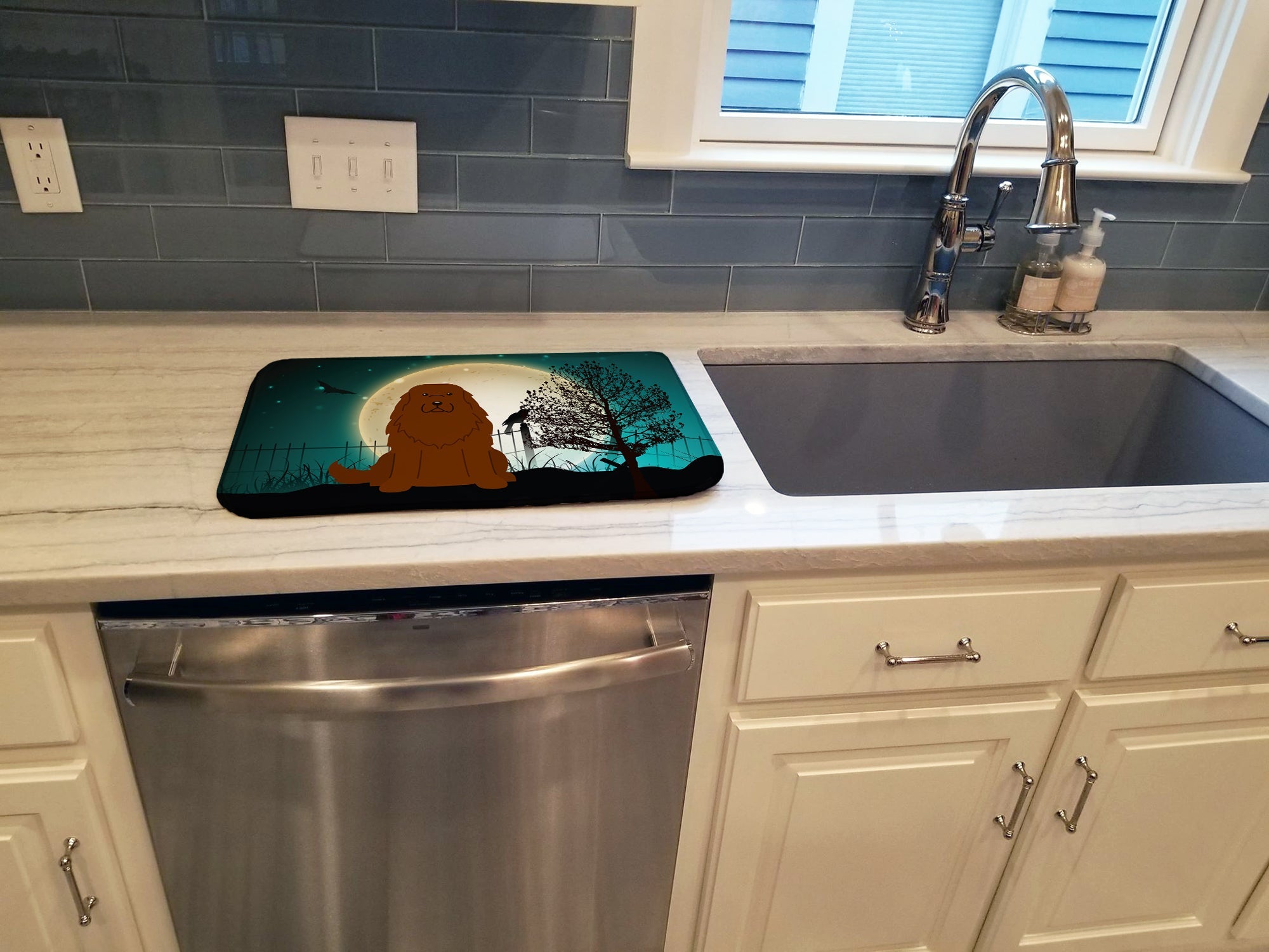 Halloween Scary Caucasian Shepherd Dog Dish Drying Mat Absorbent Dish Drying Mat Pad for Kitchen Counter Dish Drainer Mat for Countertop, 14 x 21", Multicolor