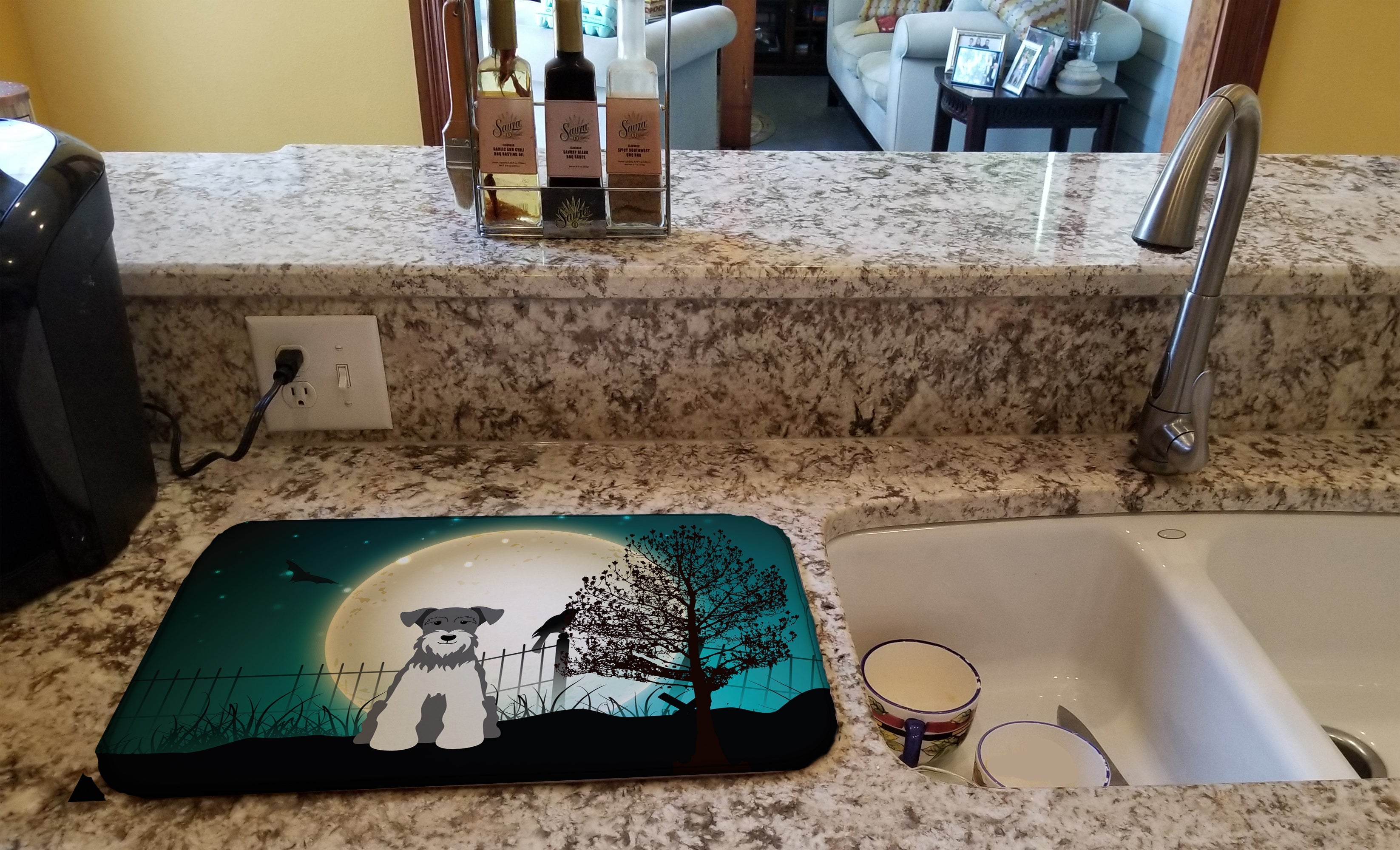 Halloween Scary Miniature Schnauzer Salt and Pepper Dish Drying Mat Absorbent Dish Drying Mat Pad for Kitchen Counter Dish Drainer Mat for Countertop, 14 x 21", Multicolor