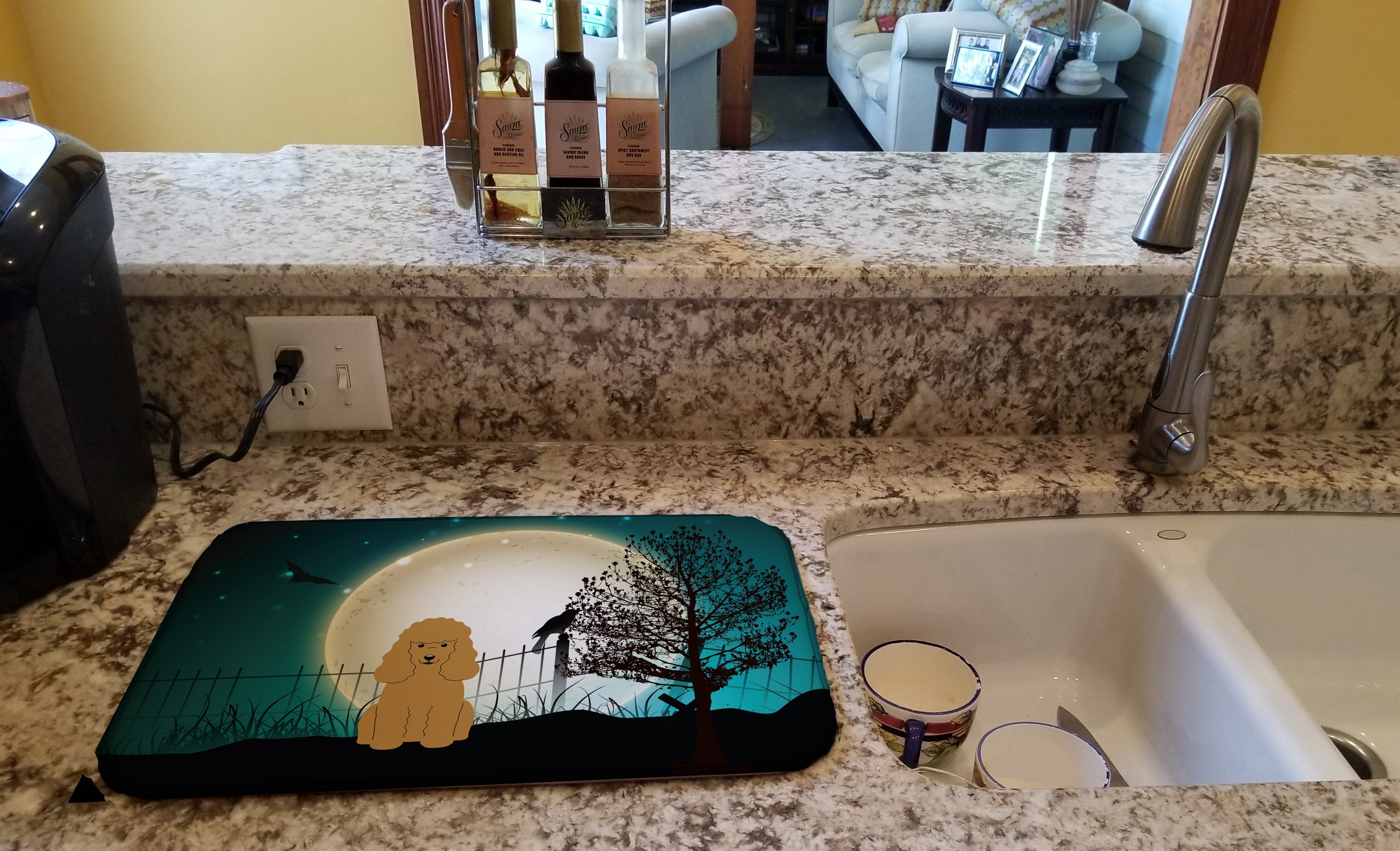 Halloween Scary Poodle Tan Dish Drying Mat Absorbent Dish Drying Mat Pad for Kitchen Counter Dish Drainer Mat for Countertop, 14 x 21", Multicolor