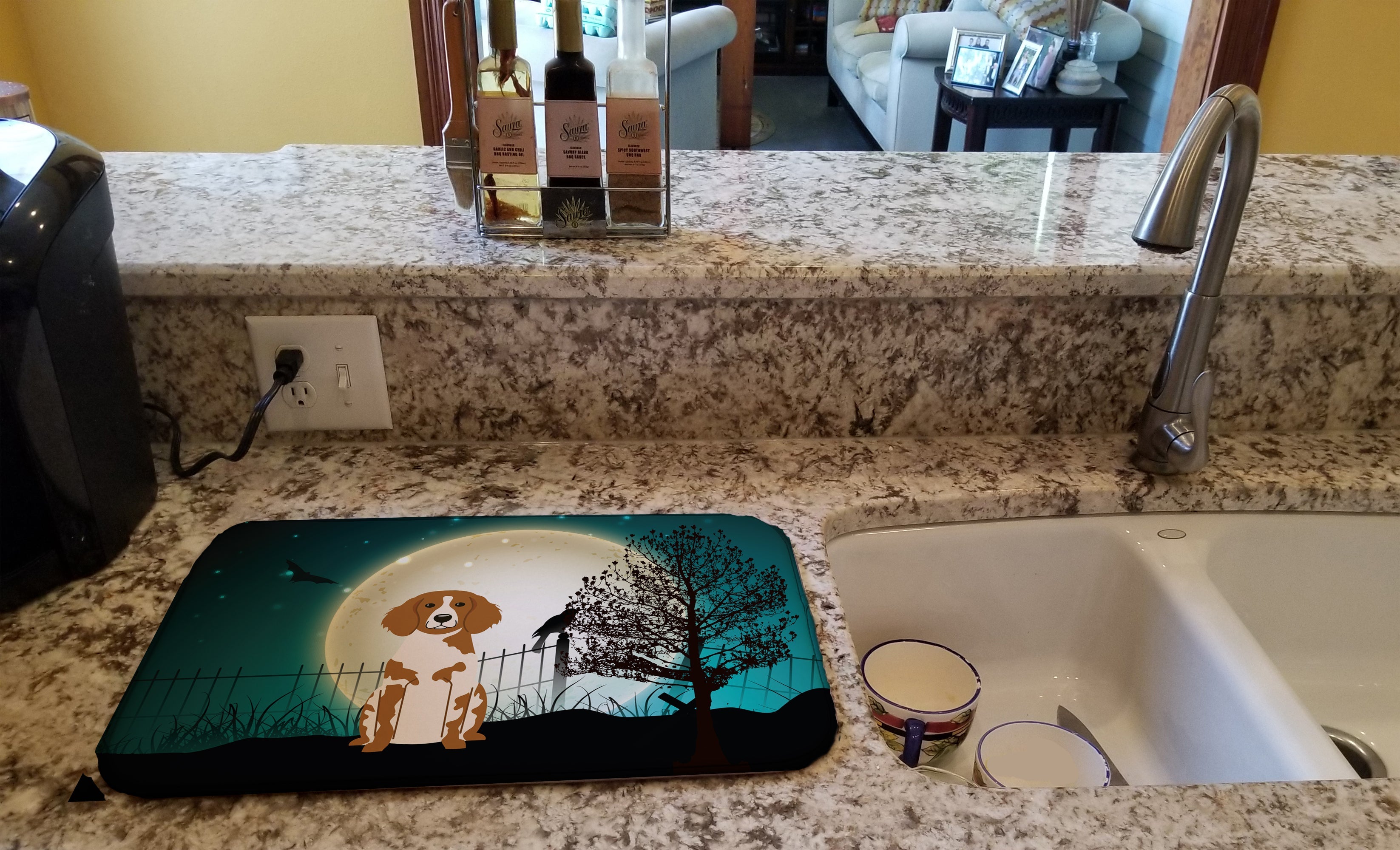 Halloween Scary Brittany Spaniel Dish Drying Mat Absorbent Dish Drying Mat Pad for Kitchen Counter Dish Drainer Mat for Countertop, 14 x 21", Multicolor
