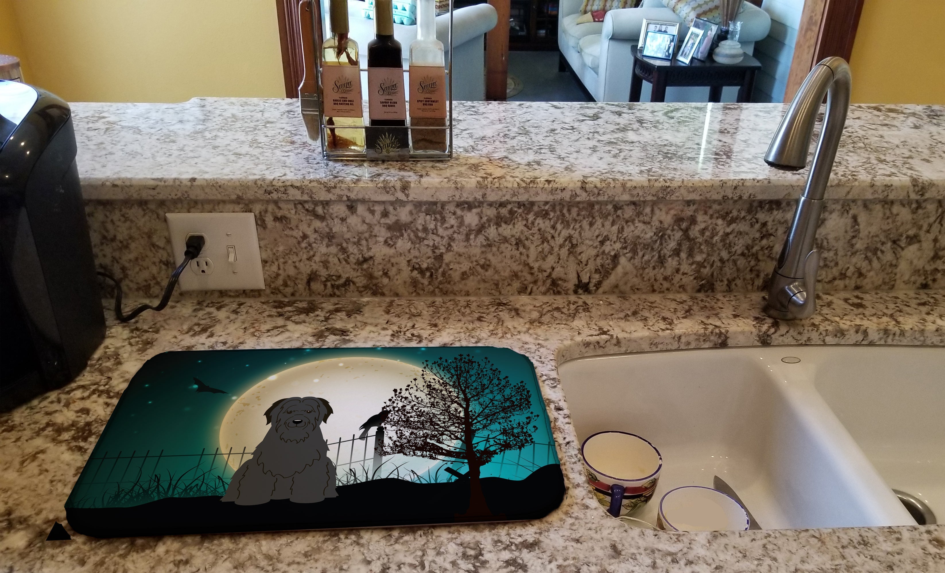 Halloween Scary Briard Black Dish Drying Mat Absorbent Dish Drying Mat Pad for Kitchen Counter Dish Drainer Mat for Countertop, 14 x 21", Multicolor