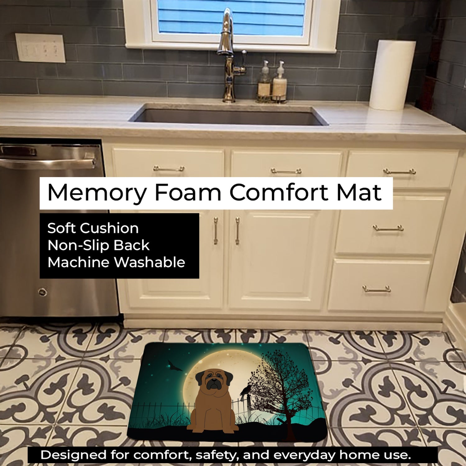 Halloween Scary Bullmastiff Memory Foam Kitchen Mat Machine Washable Anti-Fatigue Cushion Comfort Bath or Kitchen Rug