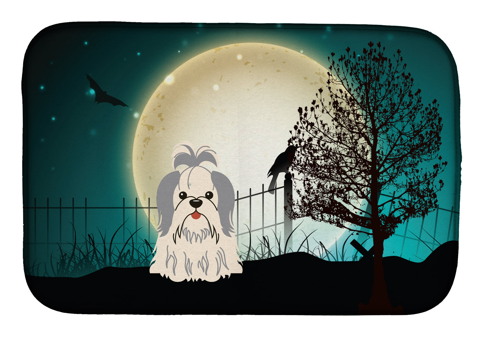 Halloween Scary Shih Tzu Silver White Dish Drying Mat Absorbent Dish Drying Mat Pad for Kitchen Counter Dish Drainer Mat for Countertop, 14 x 21", Multicolor