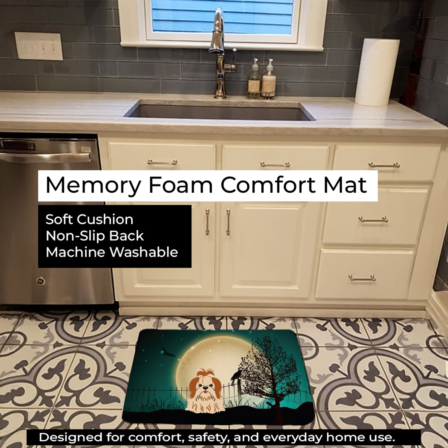 Halloween Scary Shih Tzu Red White Memory Foam Kitchen Mat Machine Washable Anti-Fatigue Cushion Comfort Bath or Kitchen Rug