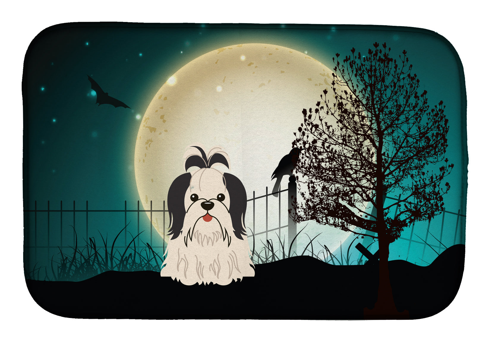 Halloween Scary Shih Tzu Black White Dish Drying Mat Absorbent Dish Drying Mat Pad for Kitchen Counter Dish Drainer Mat for Countertop, 14 x 21", Multicolor