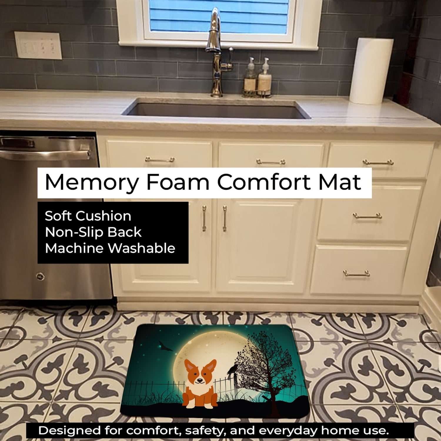 Halloween Scary Corgi Memory Foam Kitchen Mat Machine Washable Anti-Fatigue Cushion Comfort Bath or Kitchen Rug