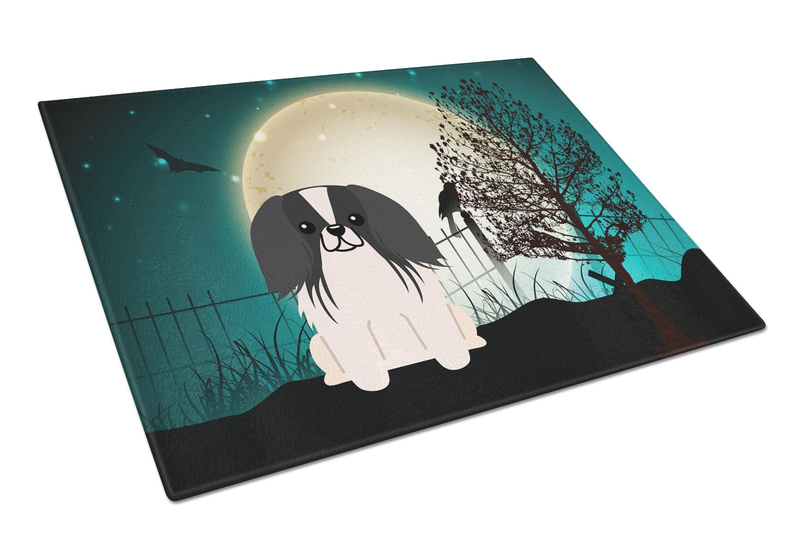 Halloween Scary Pekingese Black White Cutting Board Tempered Glass Kitchen Cutting Surface, Heat Resistant Chopping, Non-Slip Feet, Food Prep & Serving