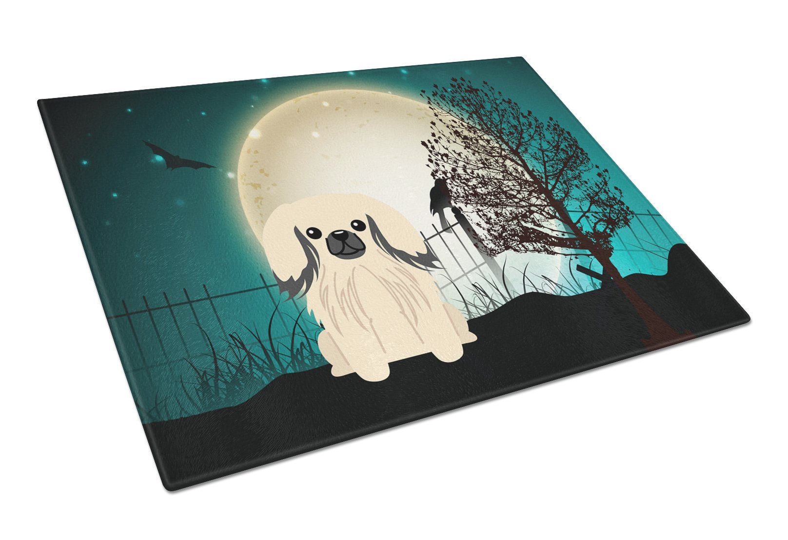 Halloween Scary Pekingese Cream Cutting Board Tempered Glass Kitchen Cutting Surface, Heat Resistant Chopping, Non-Slip Feet, Food Prep & Serving