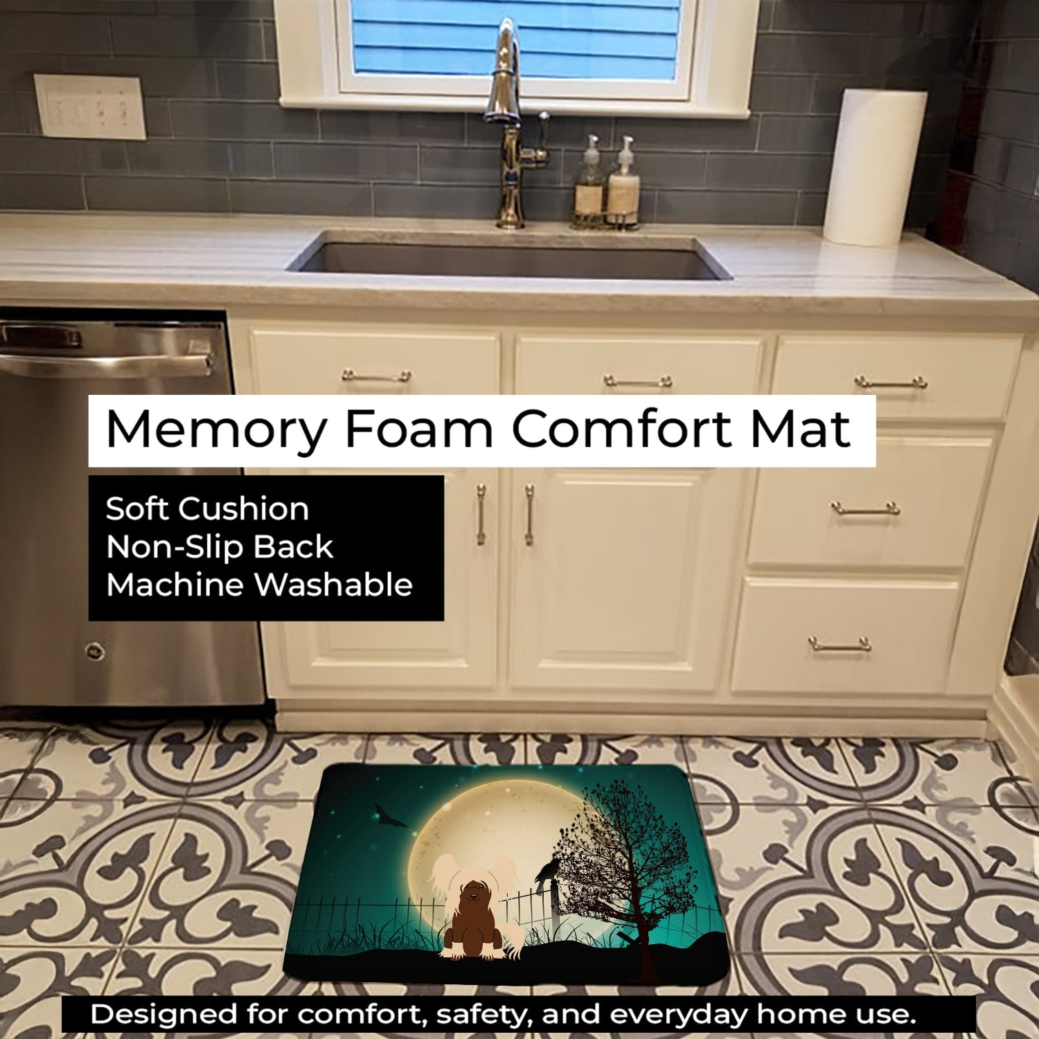 Halloween Scary Chinese Crested Cream Memory Foam Kitchen Mat Machine Washable Anti-Fatigue Cushion Comfort Bath or Kitchen Rug