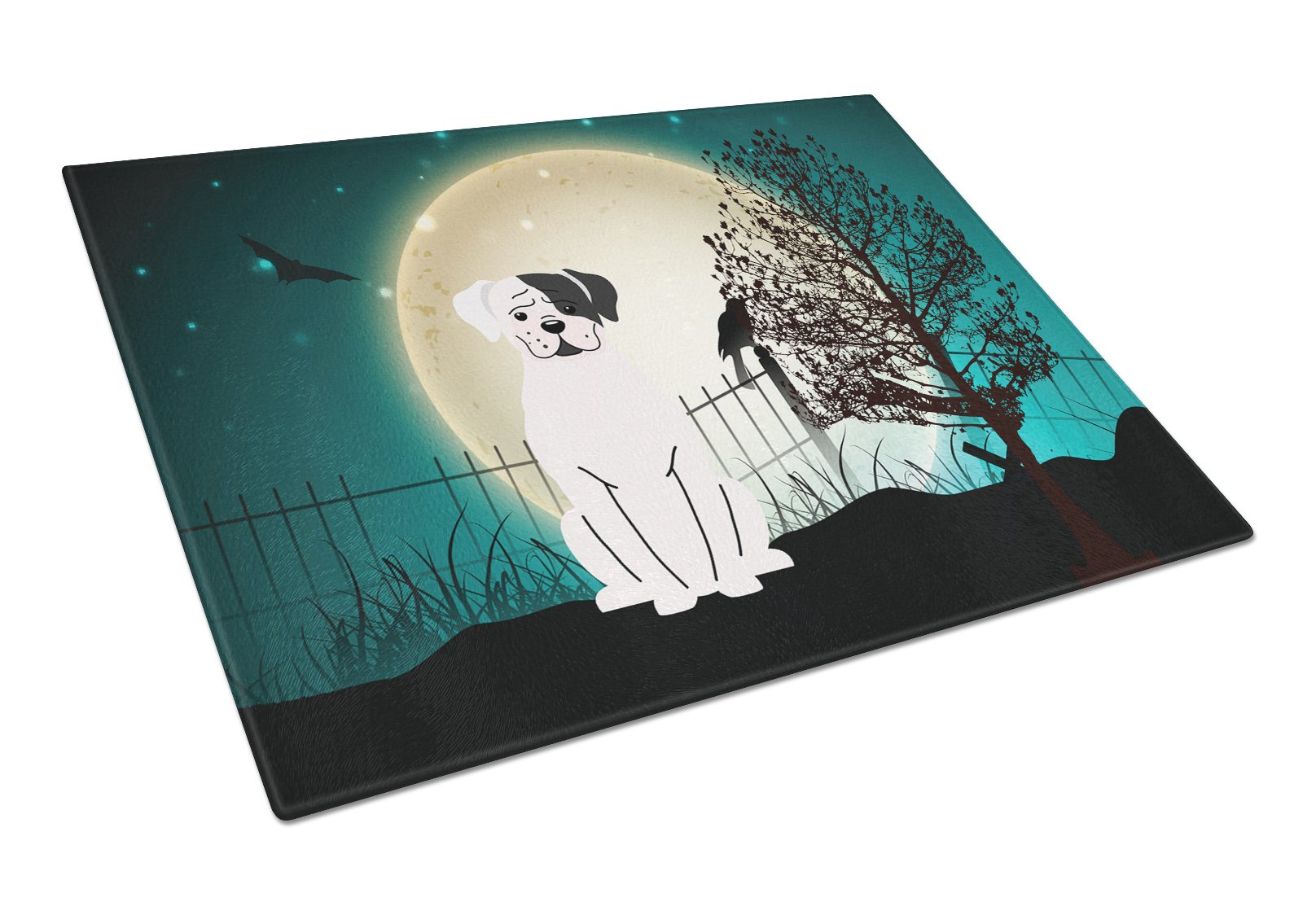 Halloween Scary White Boxer Cooper Cutting Board Tempered Glass Kitchen Cutting Surface, Heat Resistant Chopping, Non-Slip Feet, Food Prep & Serving