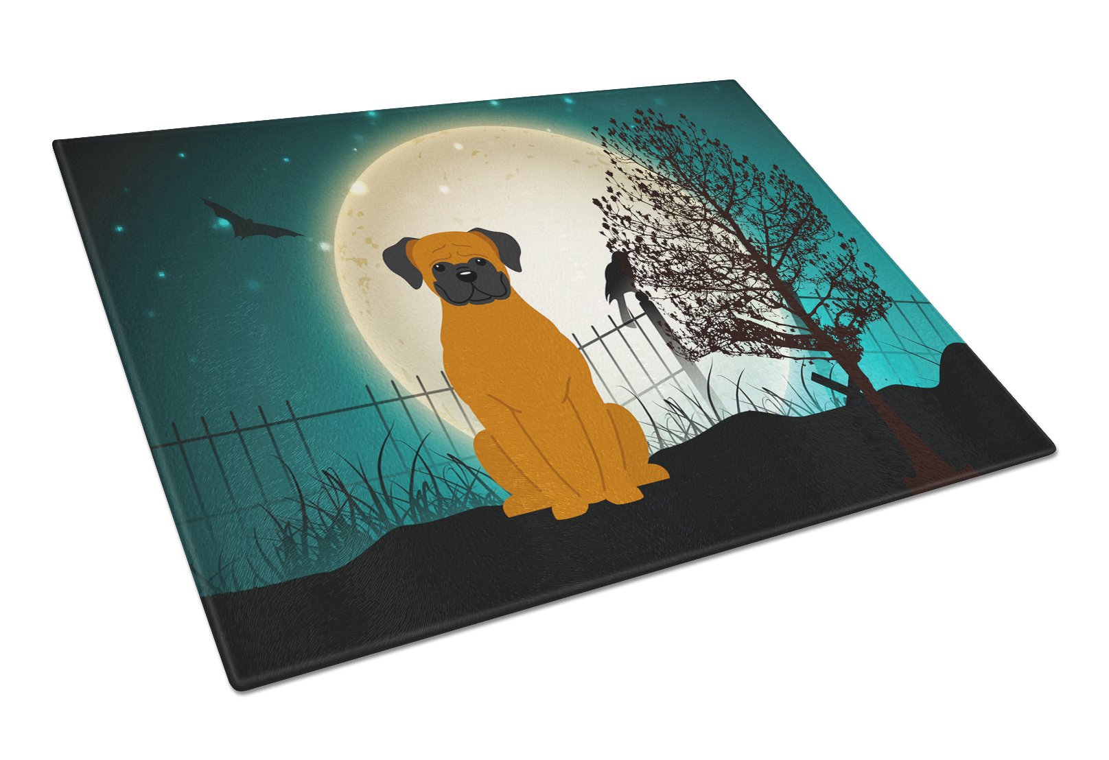 Halloween Scary Fawn Boxer Cutting Board Tempered Glass Kitchen Cutting Surface, Heat Resistant Chopping, Non-Slip Feet, Food Prep & Serving