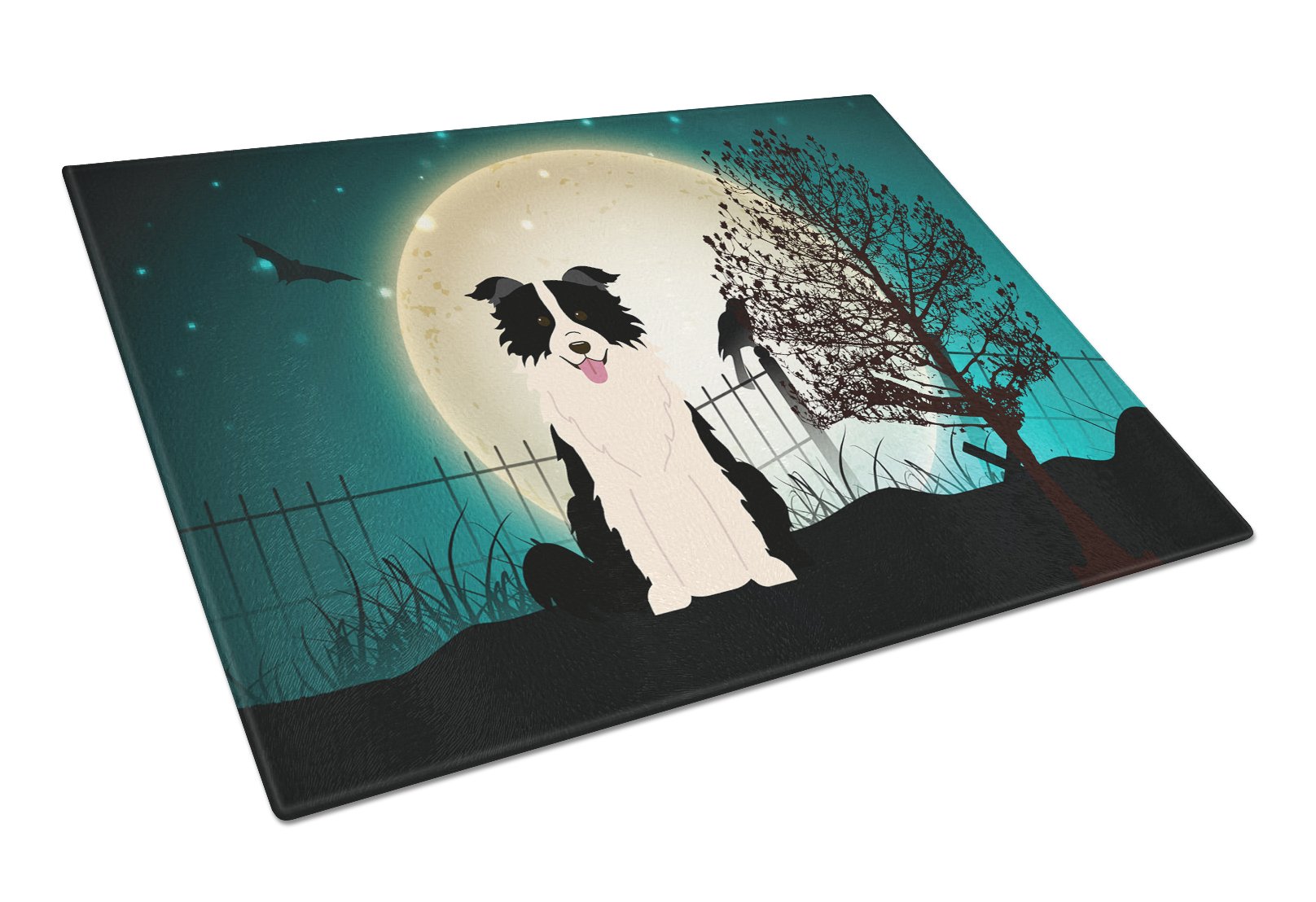 Halloween Scary Border Collie Black White Cutting Board Tempered Glass Kitchen Cutting Surface, Heat Resistant Chopping, Non-Slip Feet, Food Prep & Serving