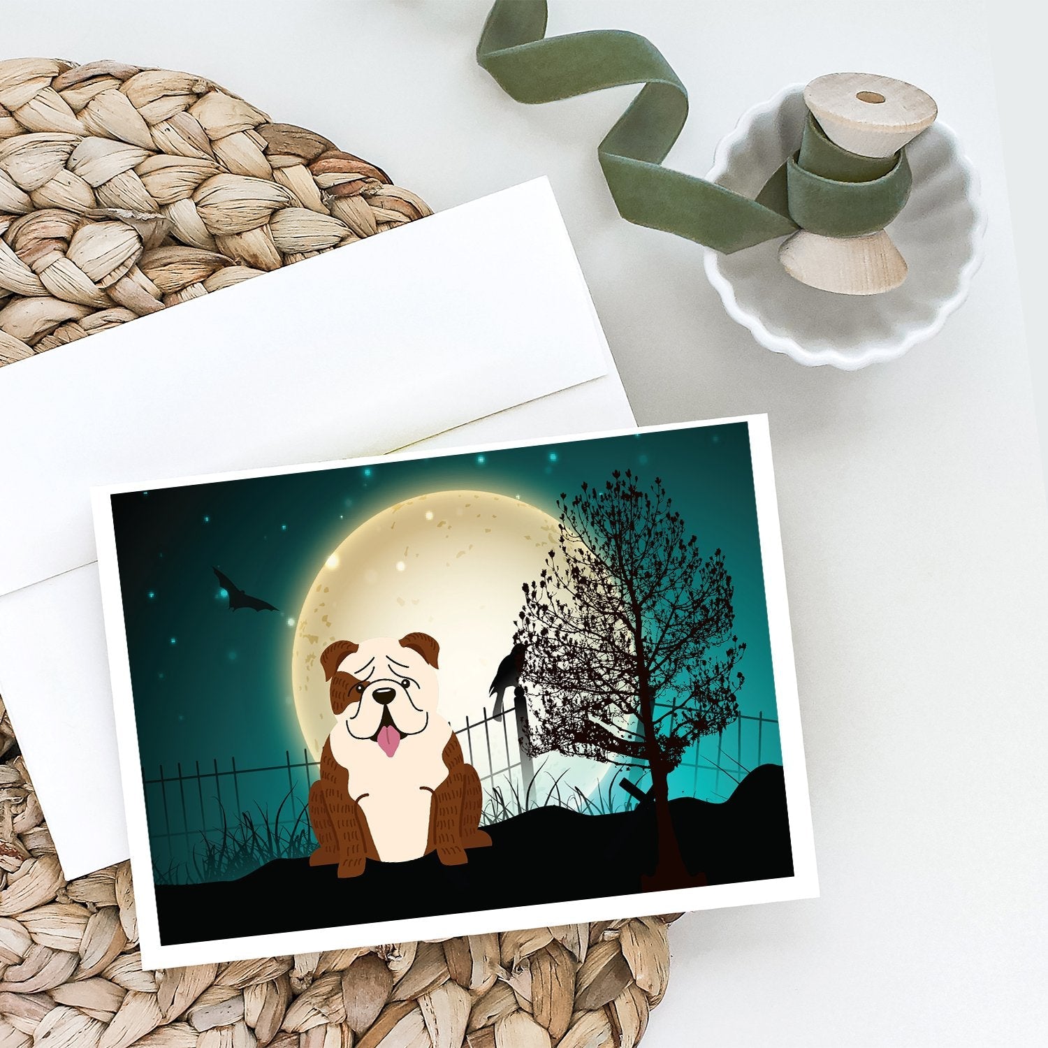 Halloween Scary  English Bulldog Brindle White Greeting Cards Pack of 8 Blank Cards with Envelopes Whimsical A7 Size 5x7