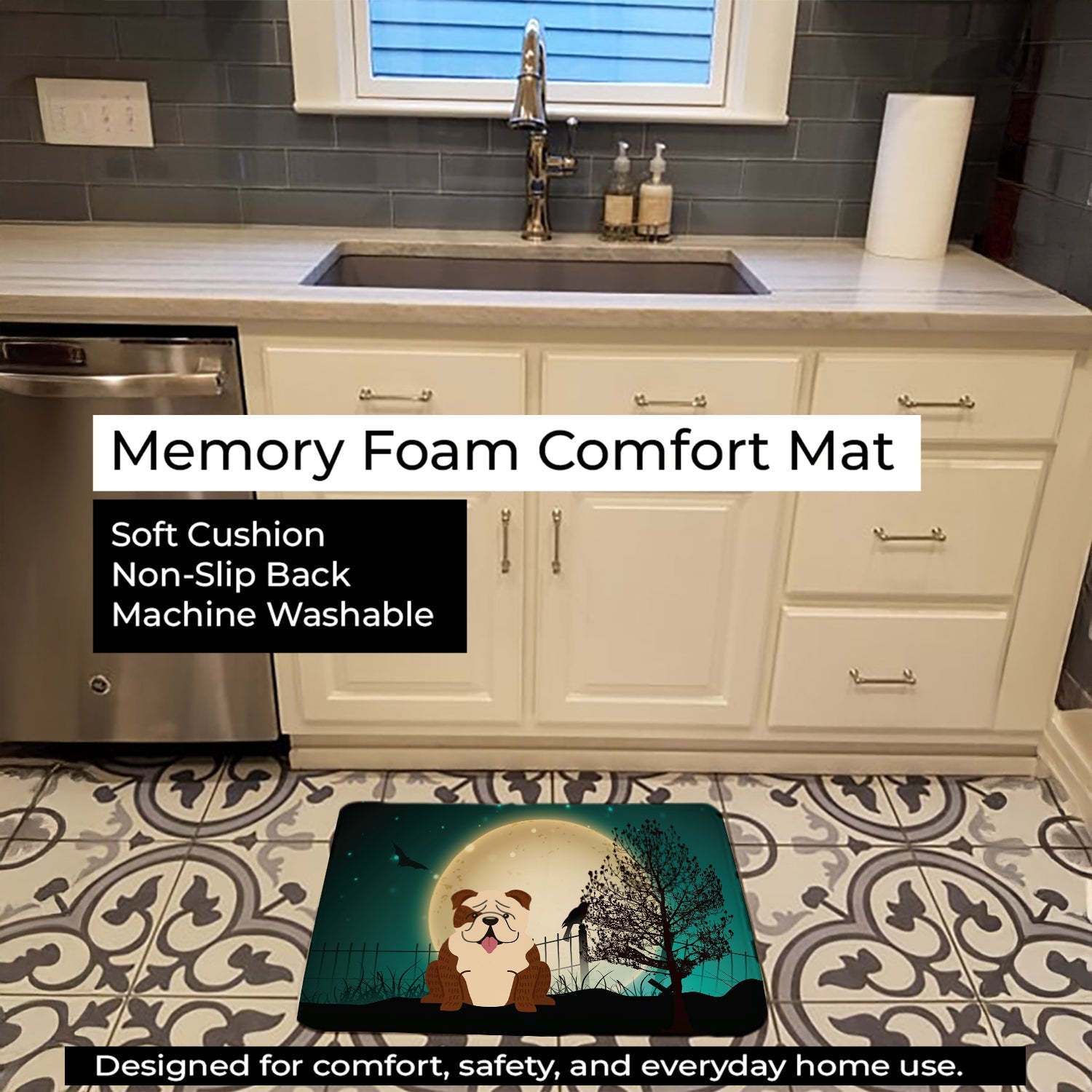 Halloween Scary  English Bulldog Brindle White Memory Foam Kitchen Mat Machine Washable Anti-Fatigue Cushion Comfort Bath or Kitchen Rug