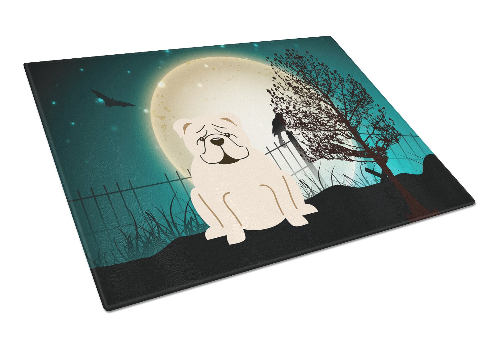 Halloween Scary  English Bulldog White Cutting Board Tempered Glass Kitchen Cutting Surface, Heat Resistant Chopping, Non-Slip Feet, Food Prep & Serving