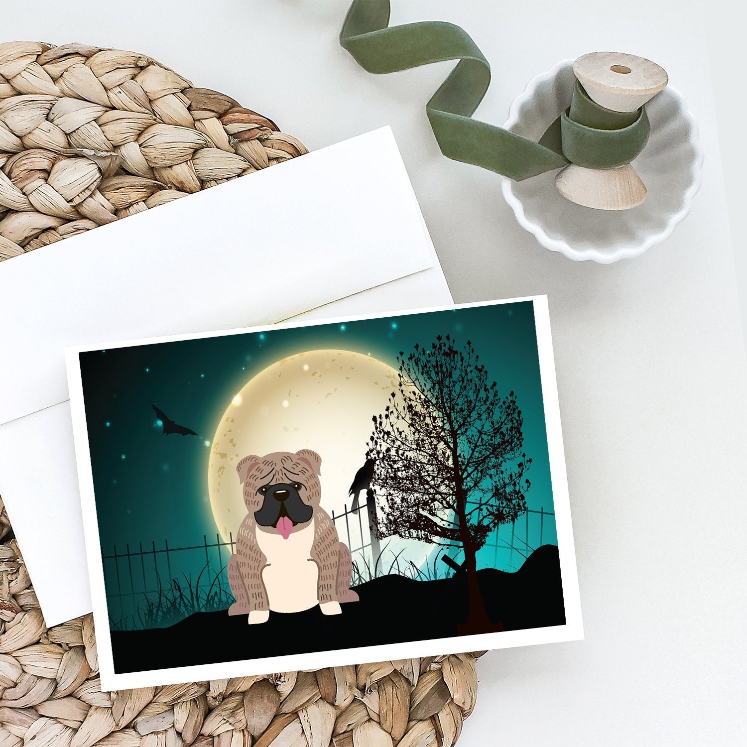 Halloween Scary  English Bulldog Grey Brindle  Greeting Cards Pack of 8 Blank Cards with Envelopes Whimsical A7 Size 5x7