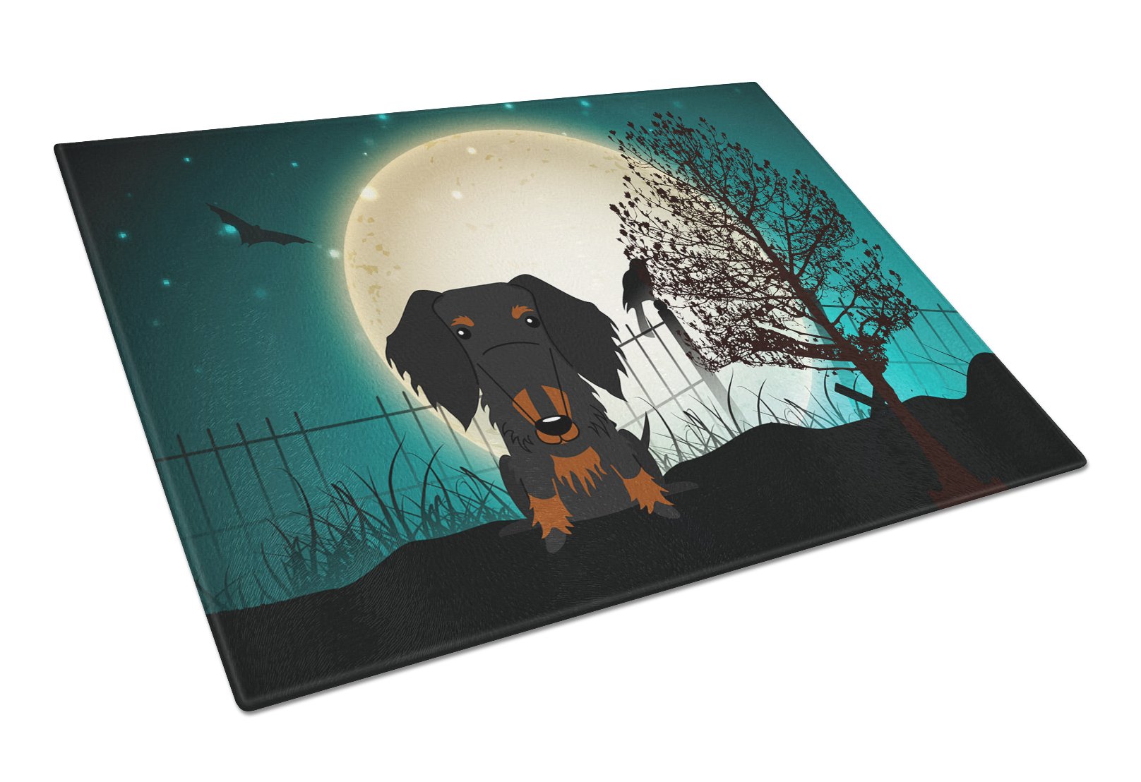 Halloween Scary Wire Haired Dachshund Black Tan Cutting Board Tempered Glass Kitchen Cutting Surface, Heat Resistant Chopping, Non-Slip Feet, Food Prep & Serving