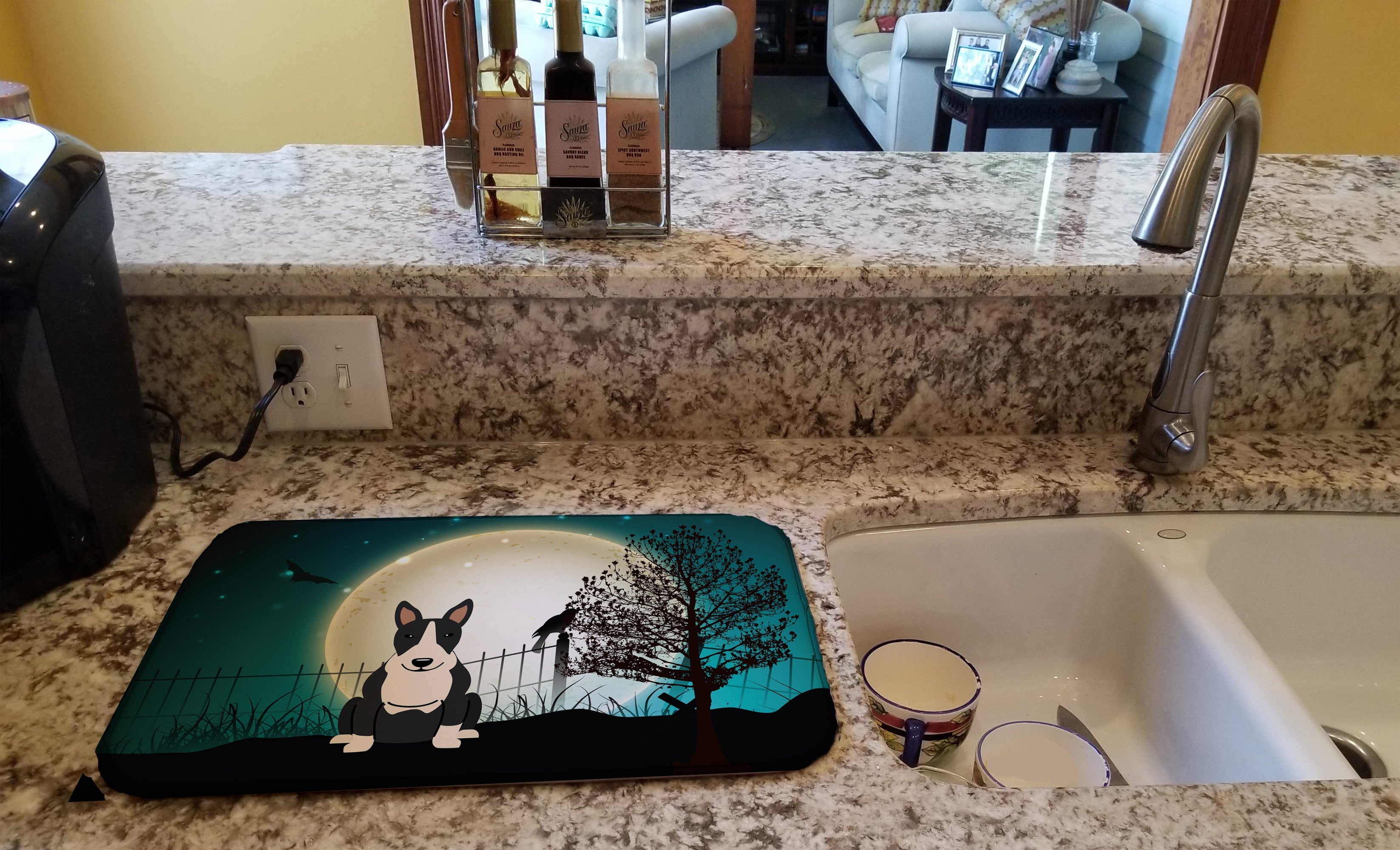 Halloween Scary Bull Terrier Black White Dish Drying Mat Absorbent Dish Drying Mat Pad for Kitchen Counter Dish Drainer Mat for Countertop, 14 x 21", Multicolor