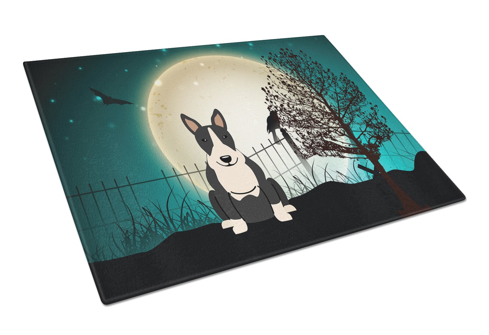 Halloween Scary Bull Terrier Black White Cutting Board Tempered Glass Kitchen Cutting Surface, Heat Resistant Chopping, Non-Slip Feet, Food Prep & Serving