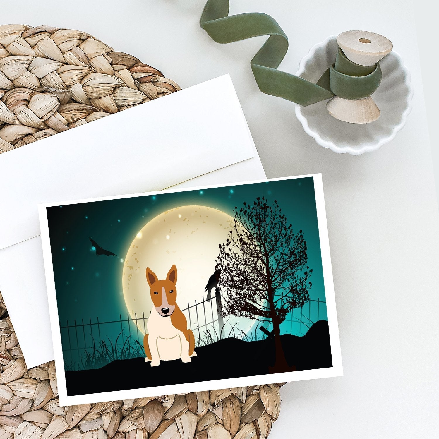 Halloween Scary Bull Terrier Red White Greeting Cards Pack of 8 Blank Cards with Envelopes Whimsical A7 Size 5x7